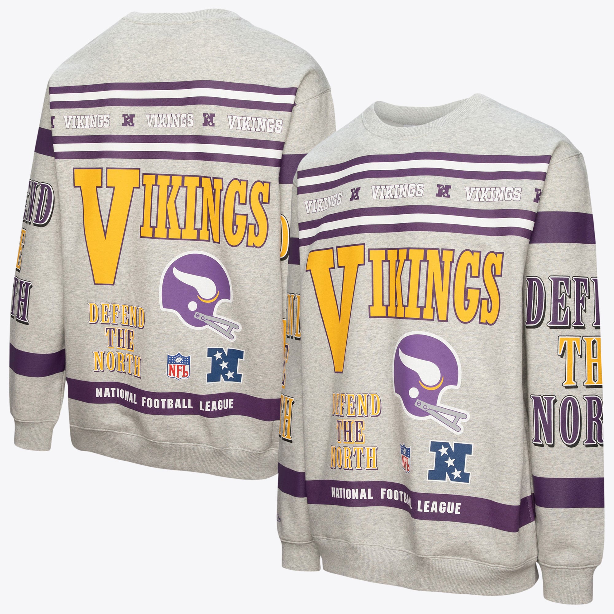 Minnesota Vikings Mitchell & Ness AOP Fleece Crew - Grey Heather - Mens