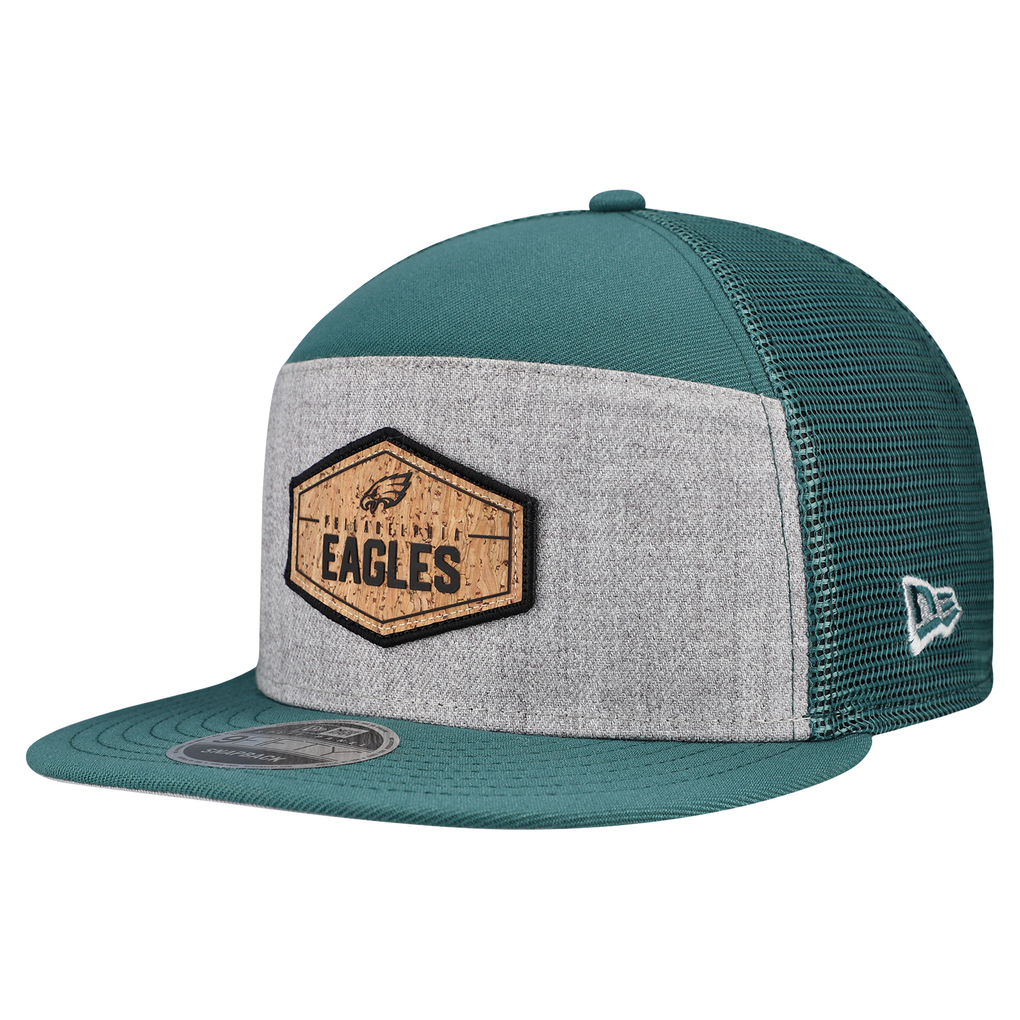 Men's New Era Gray/Midnight Green Philadelphia Eagles Cork Split Panel 9FIFTY Trucker Snapback Hat