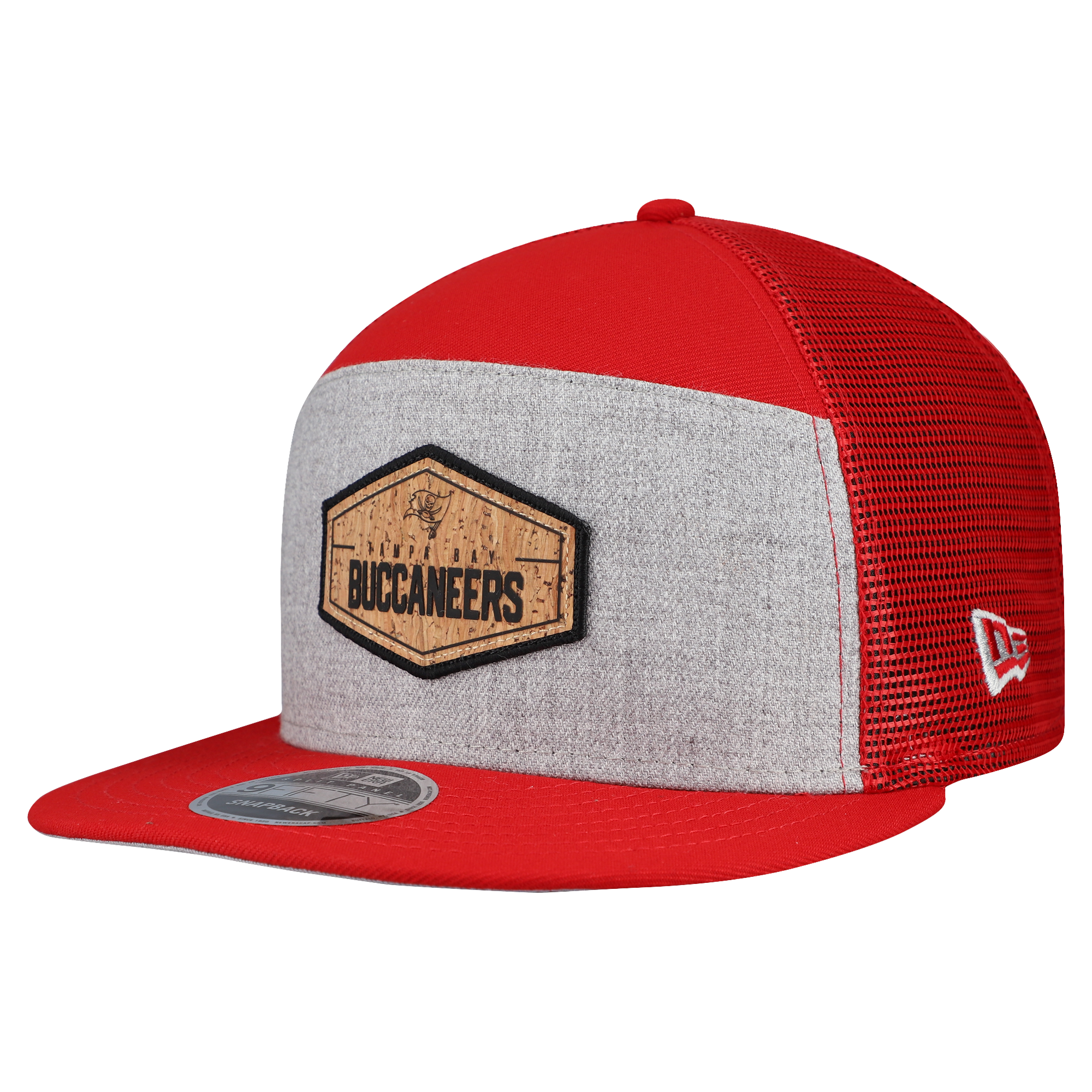 Men's New Era Gray/Red Tampa Bay Buccaneers Cork Split Panel 9FIFTY Trucker Snapback Hat