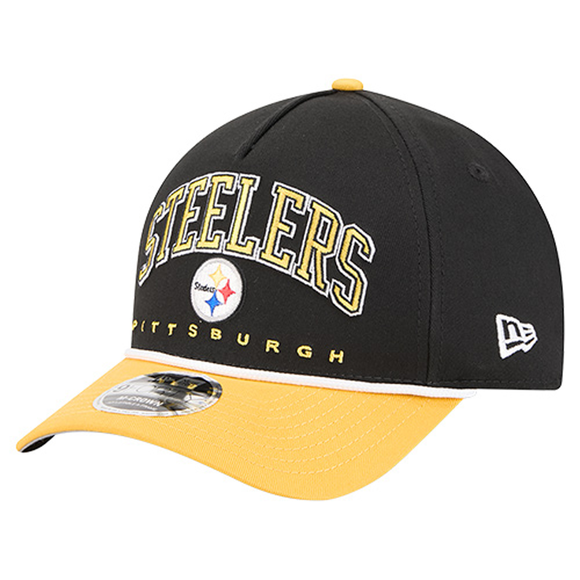 Men's New Era Black Pittsburgh Steelers Arch COOLERA 9FORTY A-Frame M-Crown Adjustable Hat