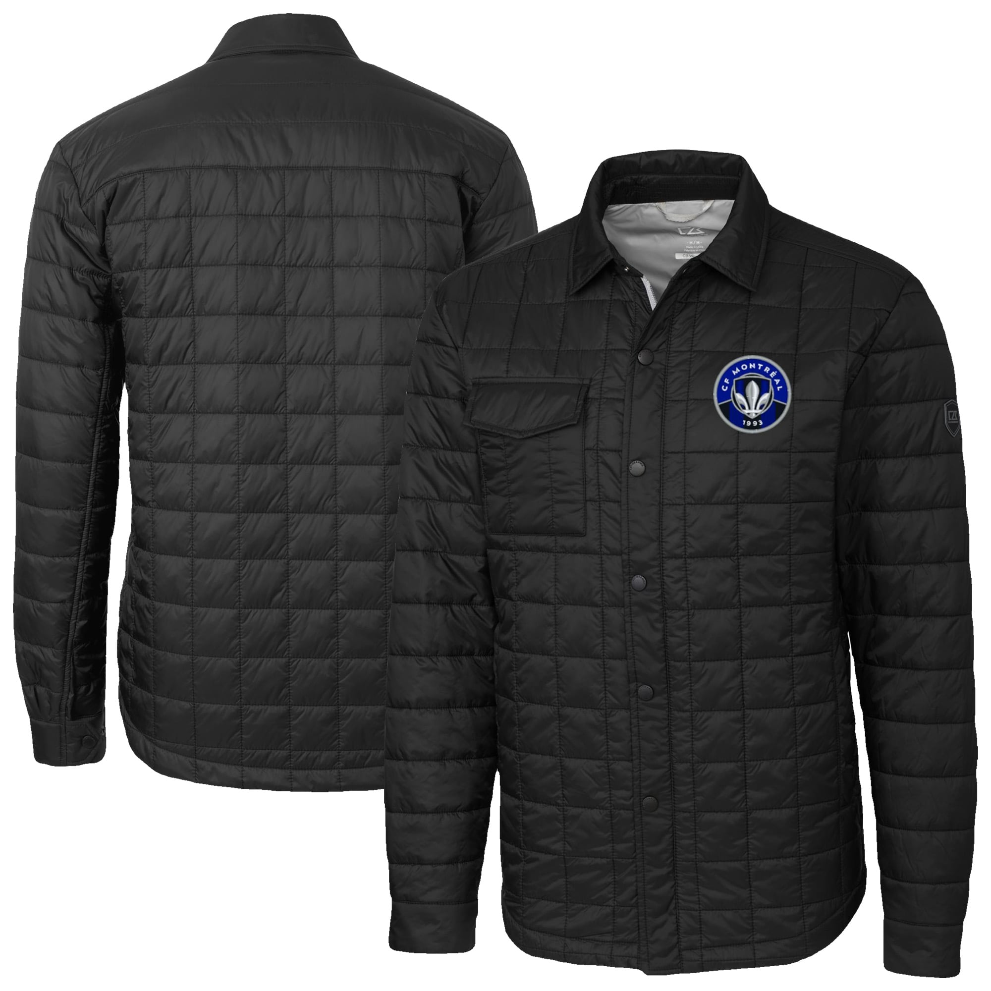 Men's Cutter & Buck Black CF Montreal Rainier PrimaLoft Eco Insulated Quilted Button-Up Shirt Jacket