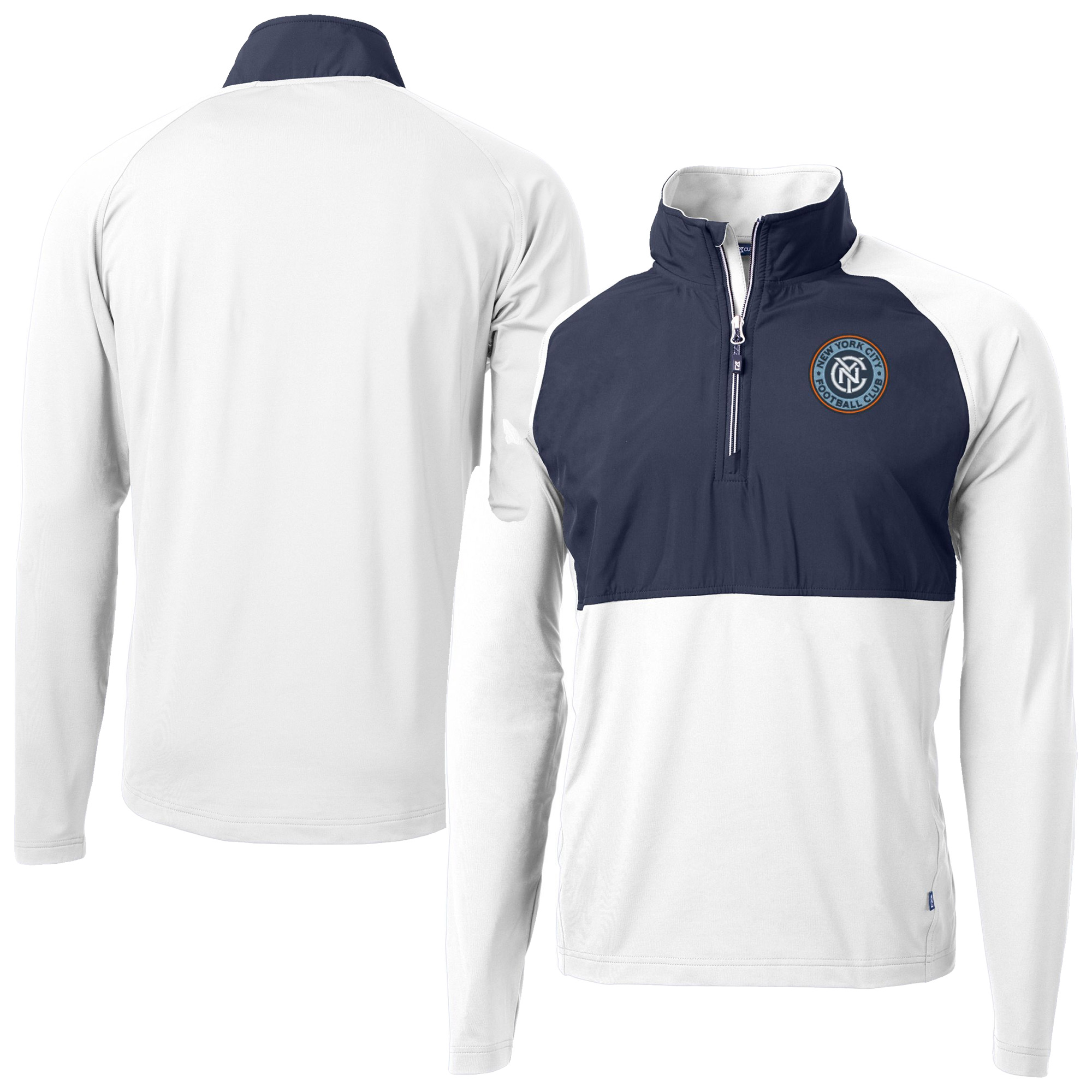 Men’s Cutter & Buck White New York City FC Adapt Eco Knit Hybrid Recycled Quarter-Zip Pullover Top Men’s Cutter & Buck White New York City FC Adapt Eco Knit Hybrid Recycled Quarter-Zip Pullover Top