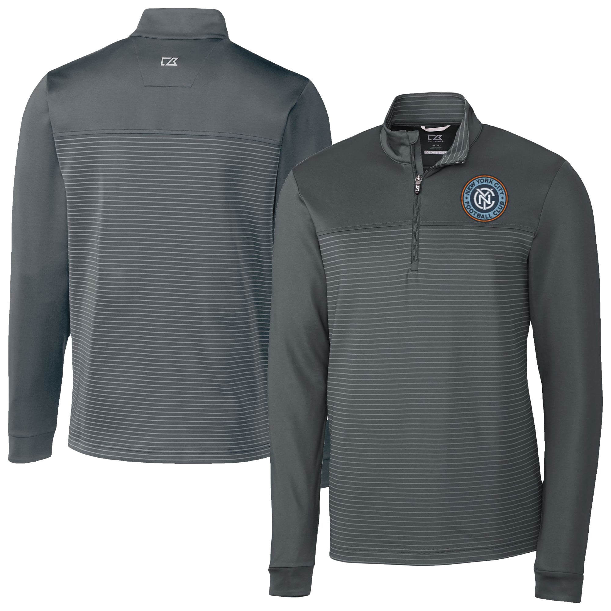 Men's Cutter & Buck Gray New York City FC Traverse Stretch Eco Stripe Quarter-Zip Pullover Top