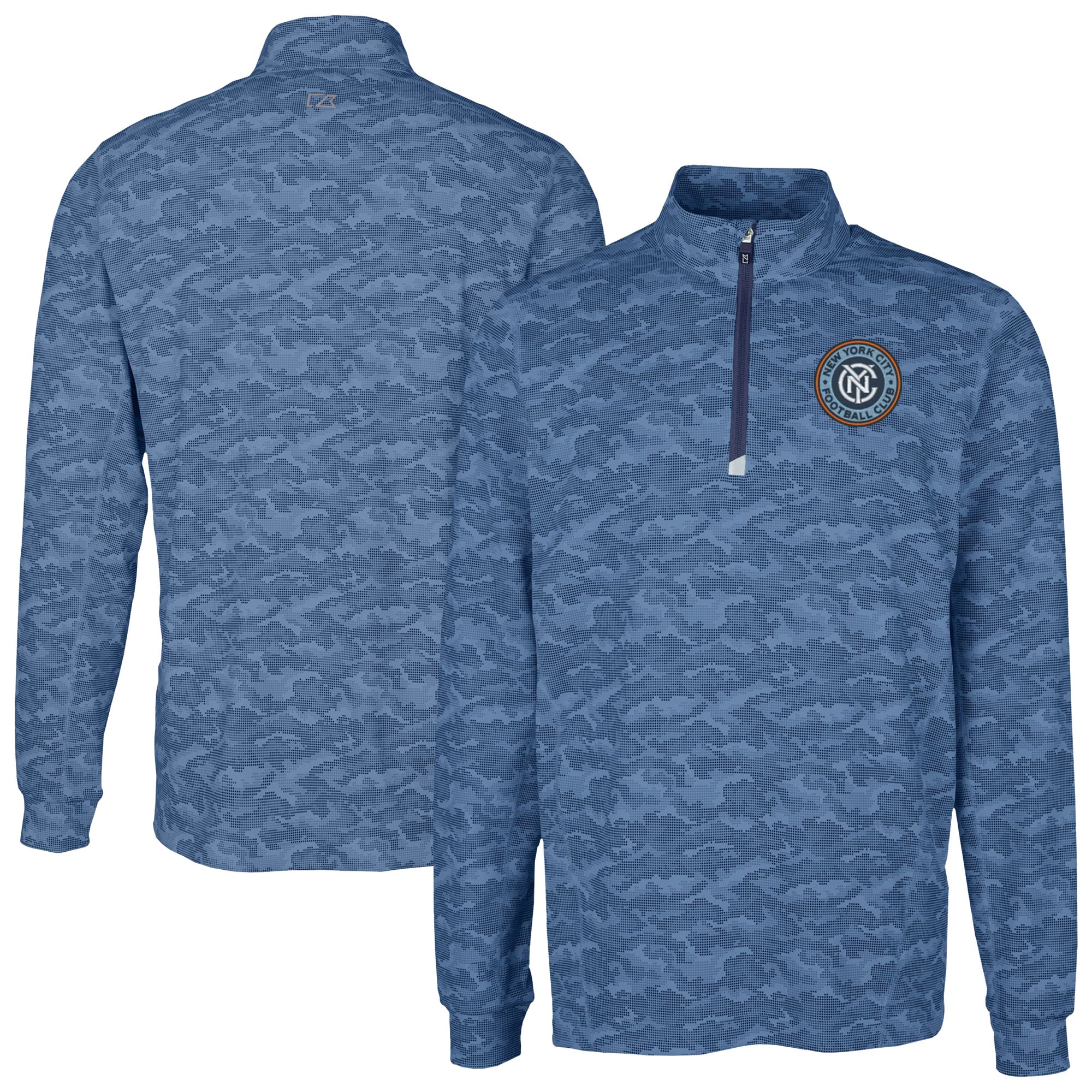 Men's Cutter & Buck Navy New York City FC Traverse Stretch Eco Camo Print Quarter-Zip Pullover Top