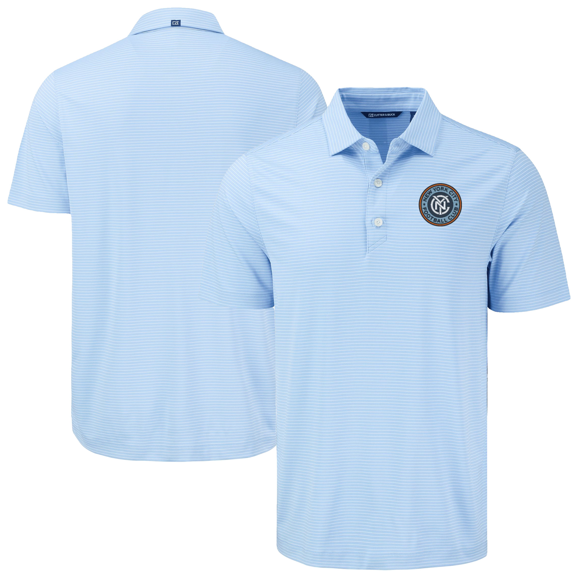 Men’s Cutter & Buck Sky Blue New York City FC Forge Eco Fine Line Stripe Stretch Recycled Polo Men’s Cutter & Buck Sky Blue New York City FC Forge Eco Fine Line Stripe Stretch Recycled Polo