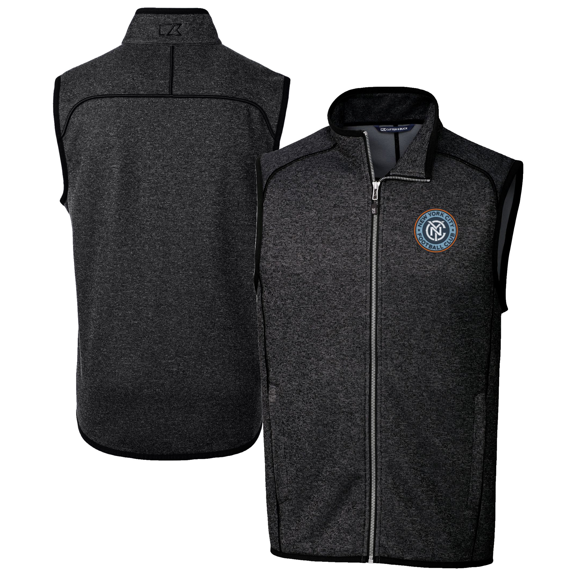 Men’s Cutter & Buck Heather Charcoal New York City FC Mainsail Sweater-Knit Full-Zip Vest Men’s Cutter & Buck Heather Charcoal New York City FC Mainsail Sweater-Knit Full-Zip Vest
