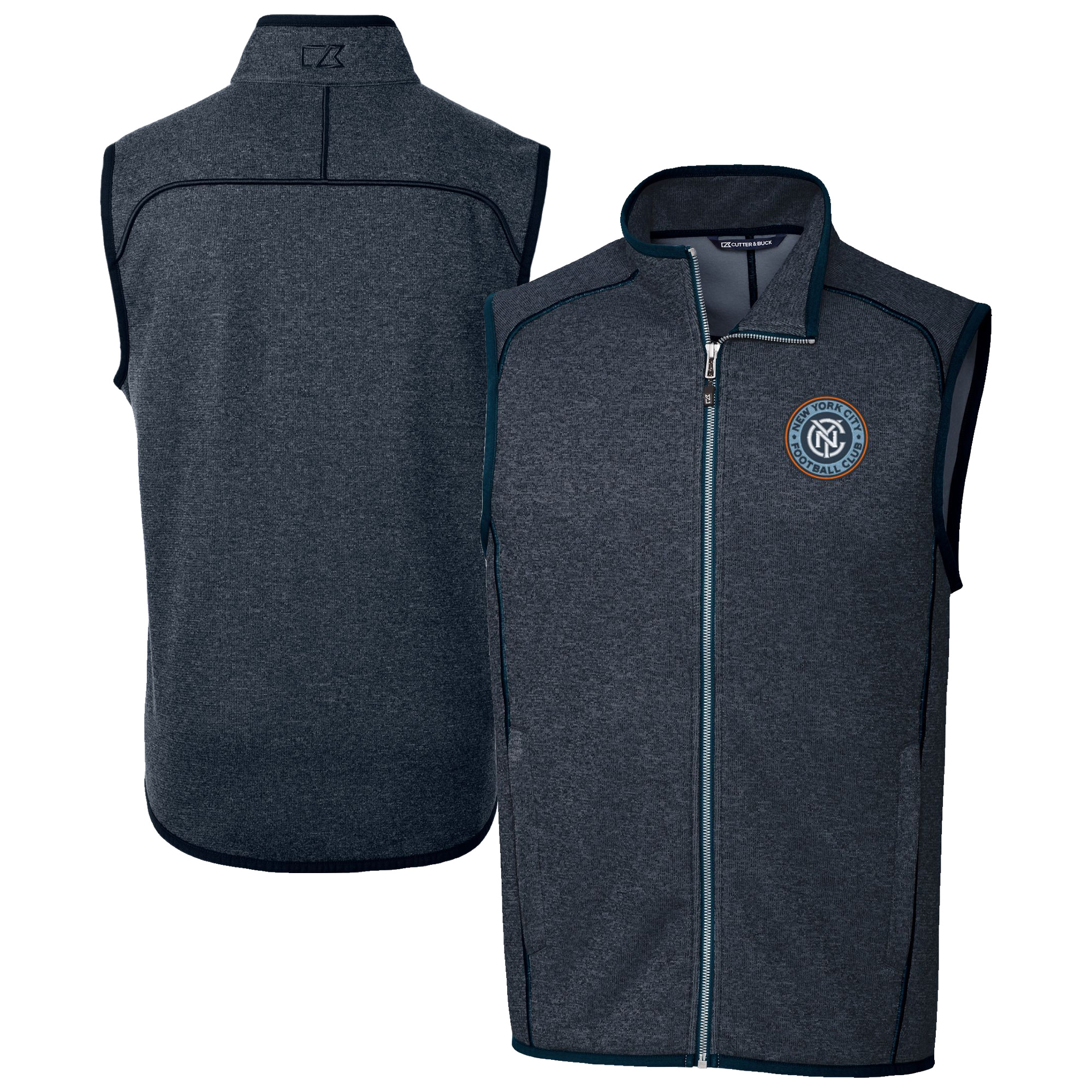 Men’s Cutter & Buck Heather Navy New York City FC Mainsail Sweater-Knit Full-Zip Vest Men’s Cutter & Buck Heather Navy New York City FC Mainsail Sweater-Knit Full-Zip Vest