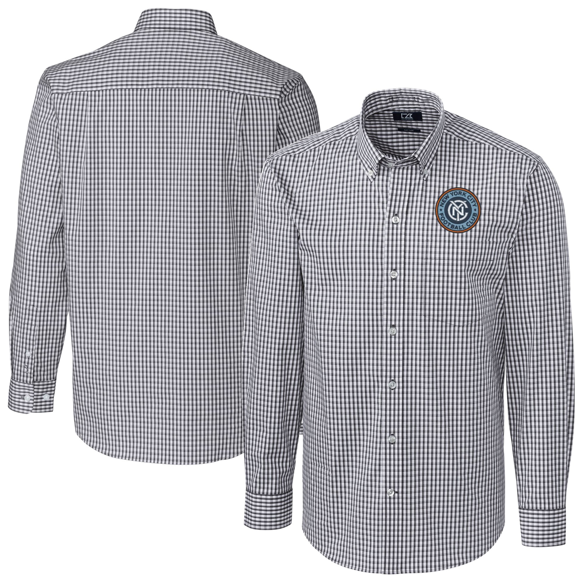 Men's Cutter & Buck Charcoal New York City FC Easy Care Stretch Gingham Long Sleeve Dress Shirt
