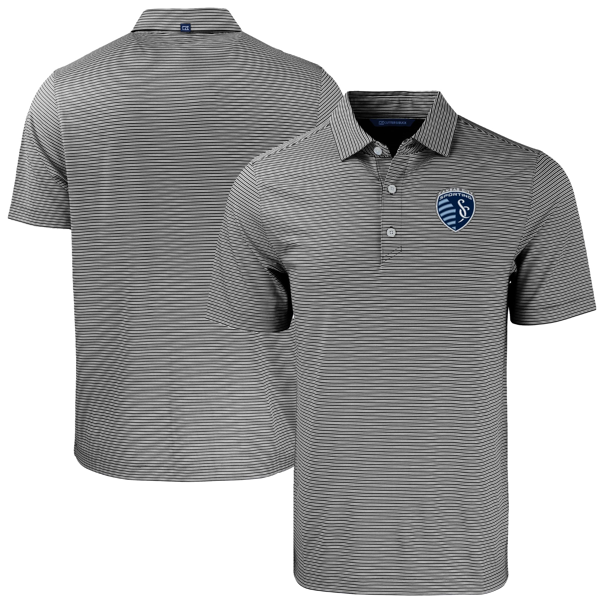Men’s Cutter & Buck Black Sporting Kansas City Forge Eco Double Stripe Stretch Recycled Tri-Blend Polo Men’s Cutter & Buck Black Sporting Kansas City Forge Eco Double Stripe Stretch Recycled Tri-Blend Polo