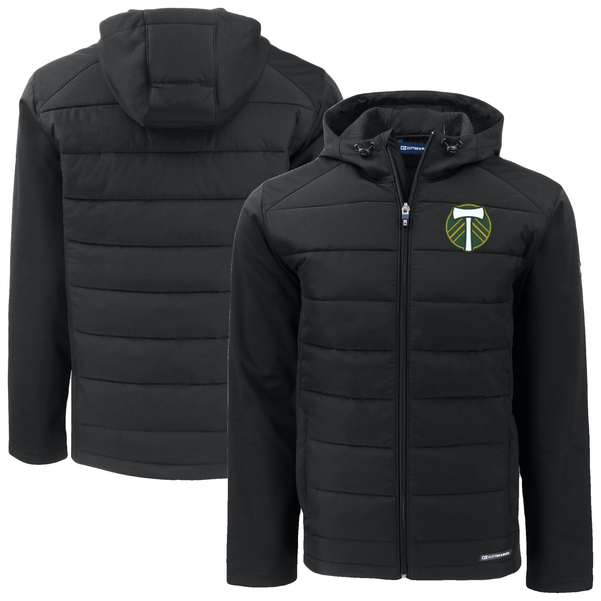 Men's Cutter & Buck Black Portland Timbers Evoke Hybrid Eco Softshell Recycled Full Zip Hooded Jacket