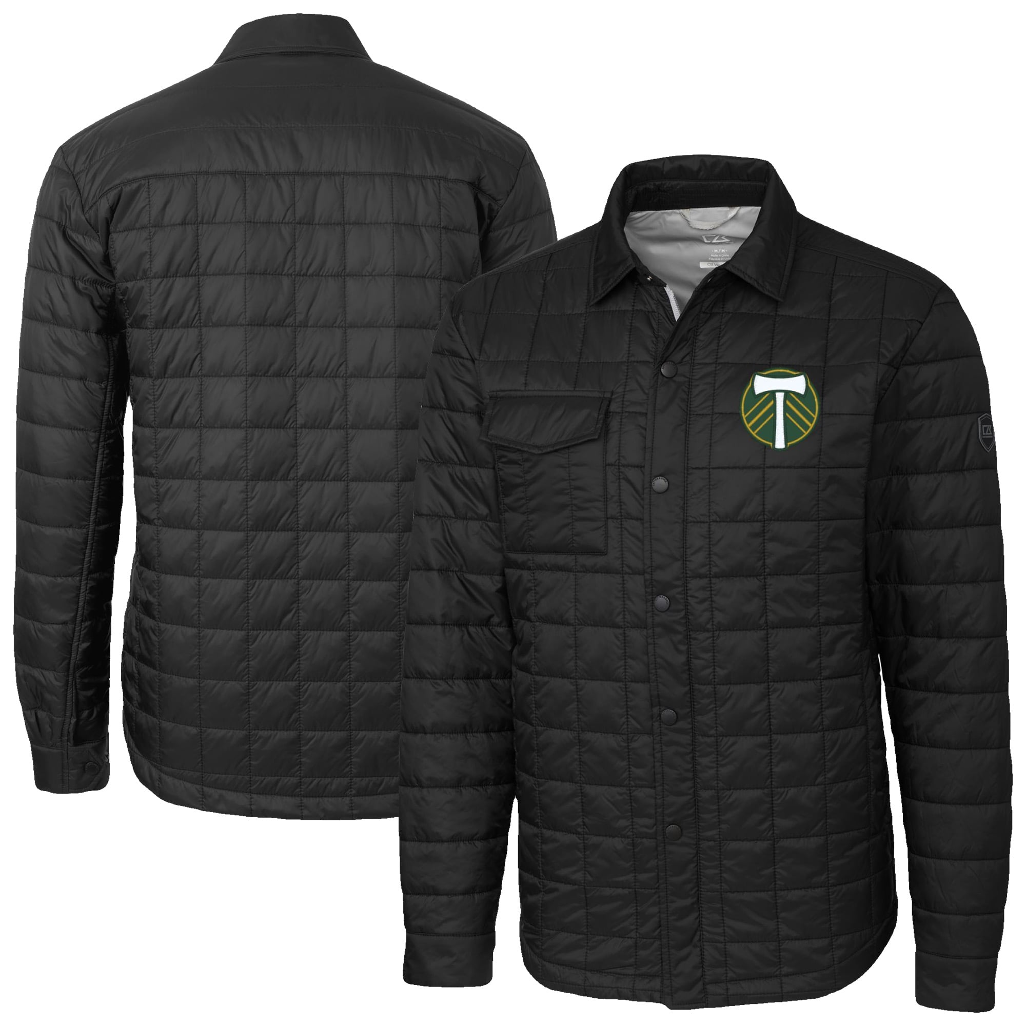 Men's Cutter & Buck Black Portland Timbers Rainier PrimaLoft Eco Insulated Quilted Shirt Jacket