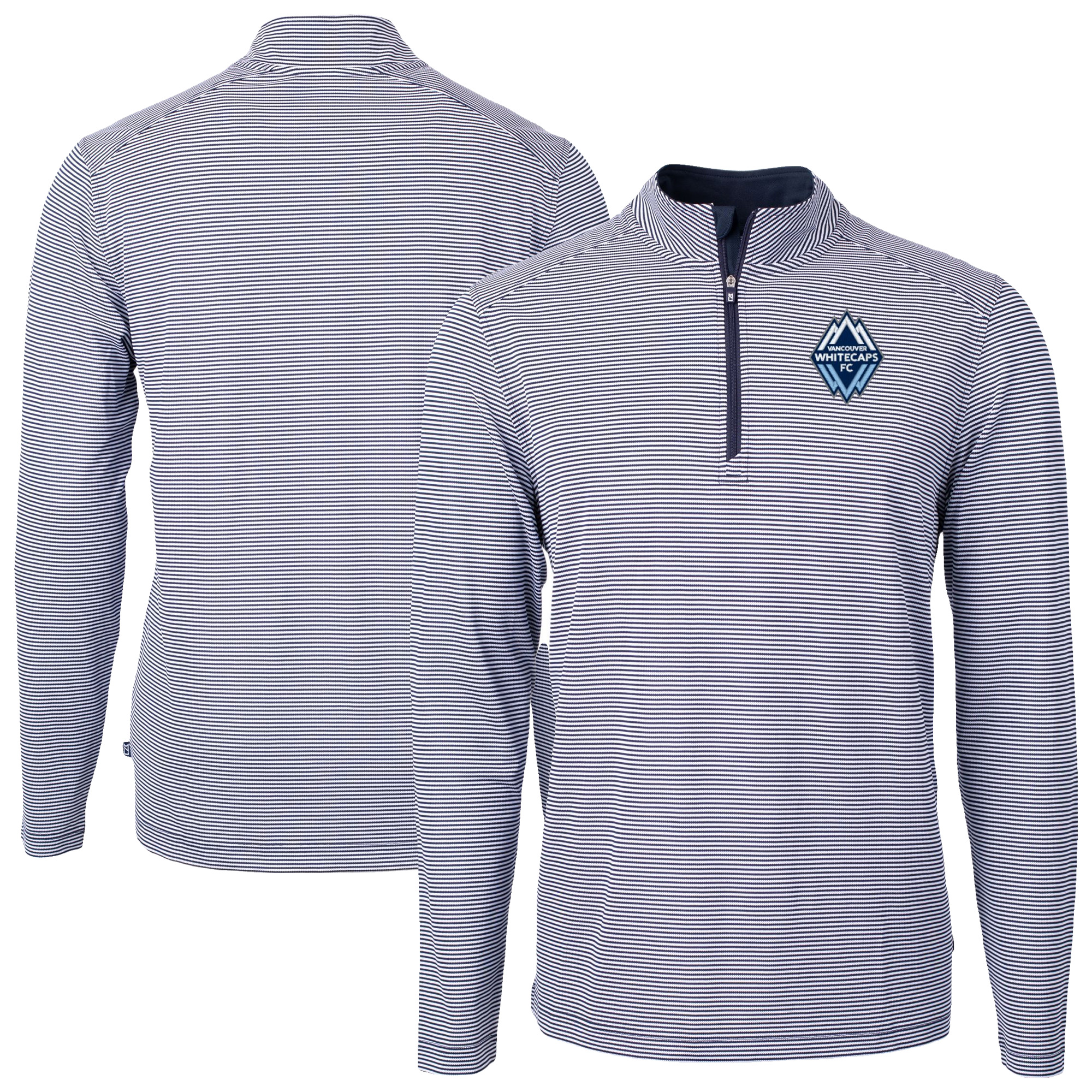 Men’s Cutter & Buck Navy Vancouver Whitecaps FC Virtue Eco Pique Micro Stripe Recycled Quarter-Zip Pullover Top Men’s Cutter & Buck Navy Vancouver Whitecaps FC Virtue Eco Pique Micro Stripe Recycled Quarter-Zip Pullover Top