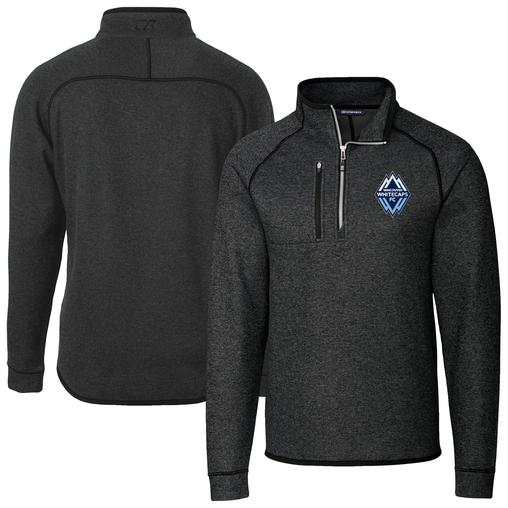 Men's Cutter & Buck Heather Charcoal Vancouver Whitecaps FC Mainsail Sweater-Knit Half-Zip Raglan Pullover Jacket