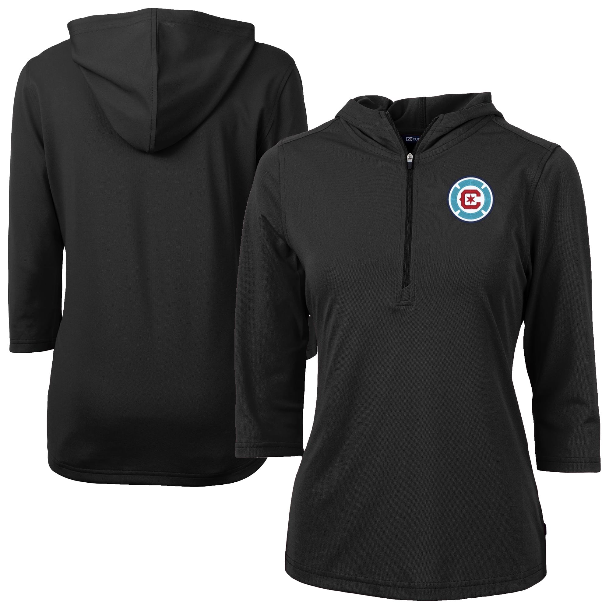 Women's Cutter & Buck Black Chicago Fire Virtue Eco Pique Recycled Half-Zip Pullover Hoodie