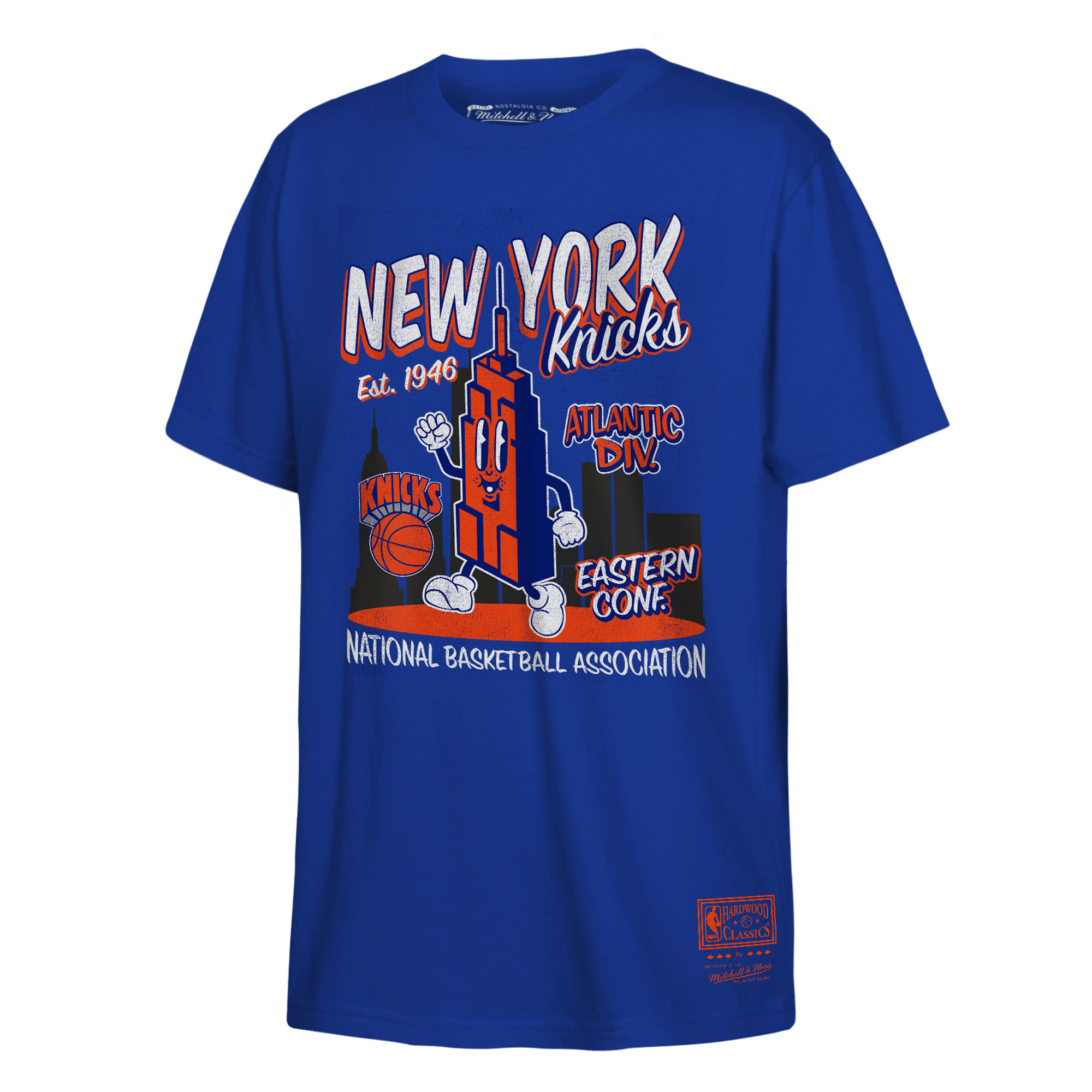 Youth Mitchell & Ness Blue New York Knicks Retro Mascot Script T-Shirt Youth Mitchell & Ness Blue New York Knicks Retro Mascot Script T-Shirt