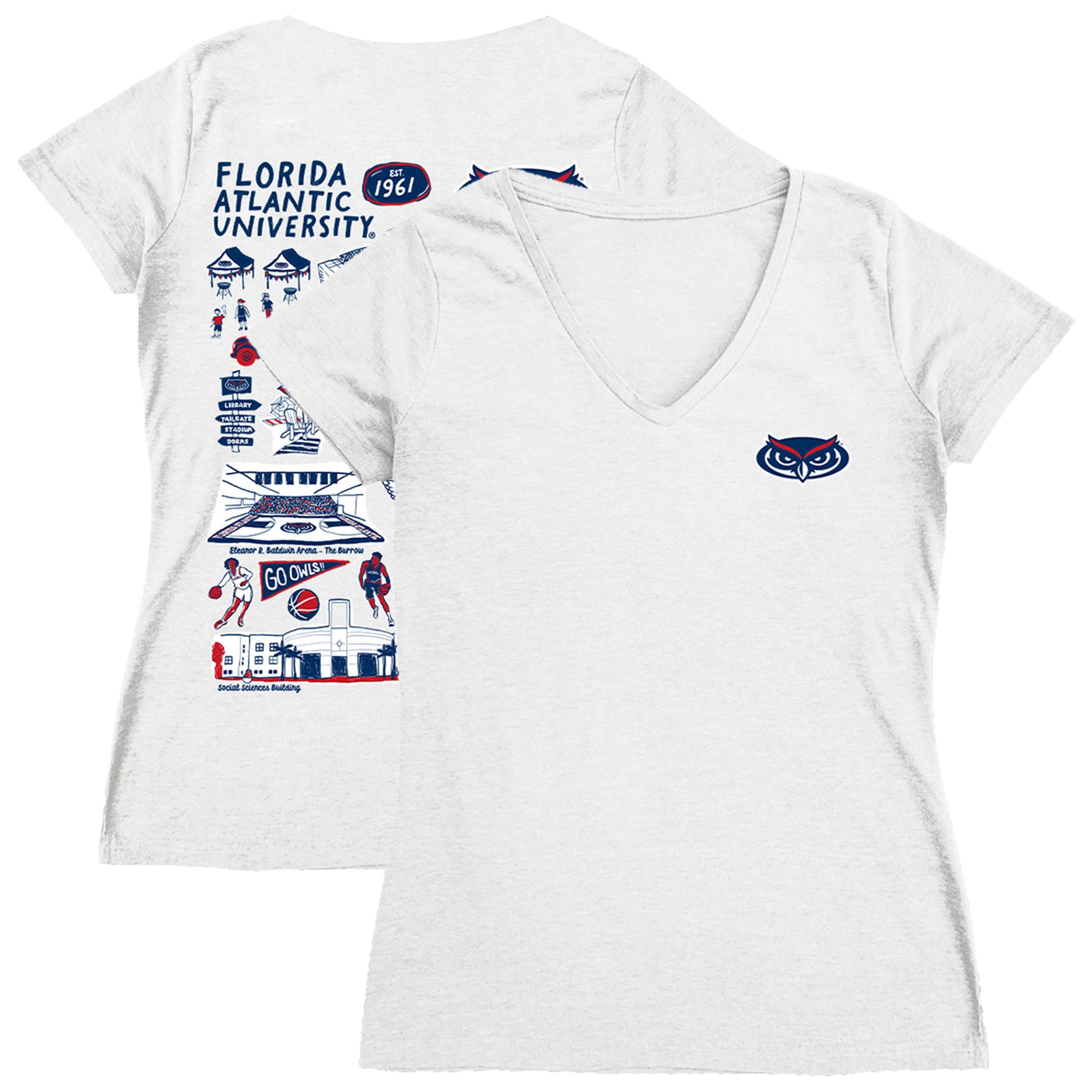 Women's Vive La Fete  White Florida Atlantic Owls Impressions Artwork V-Neck T-Shirt