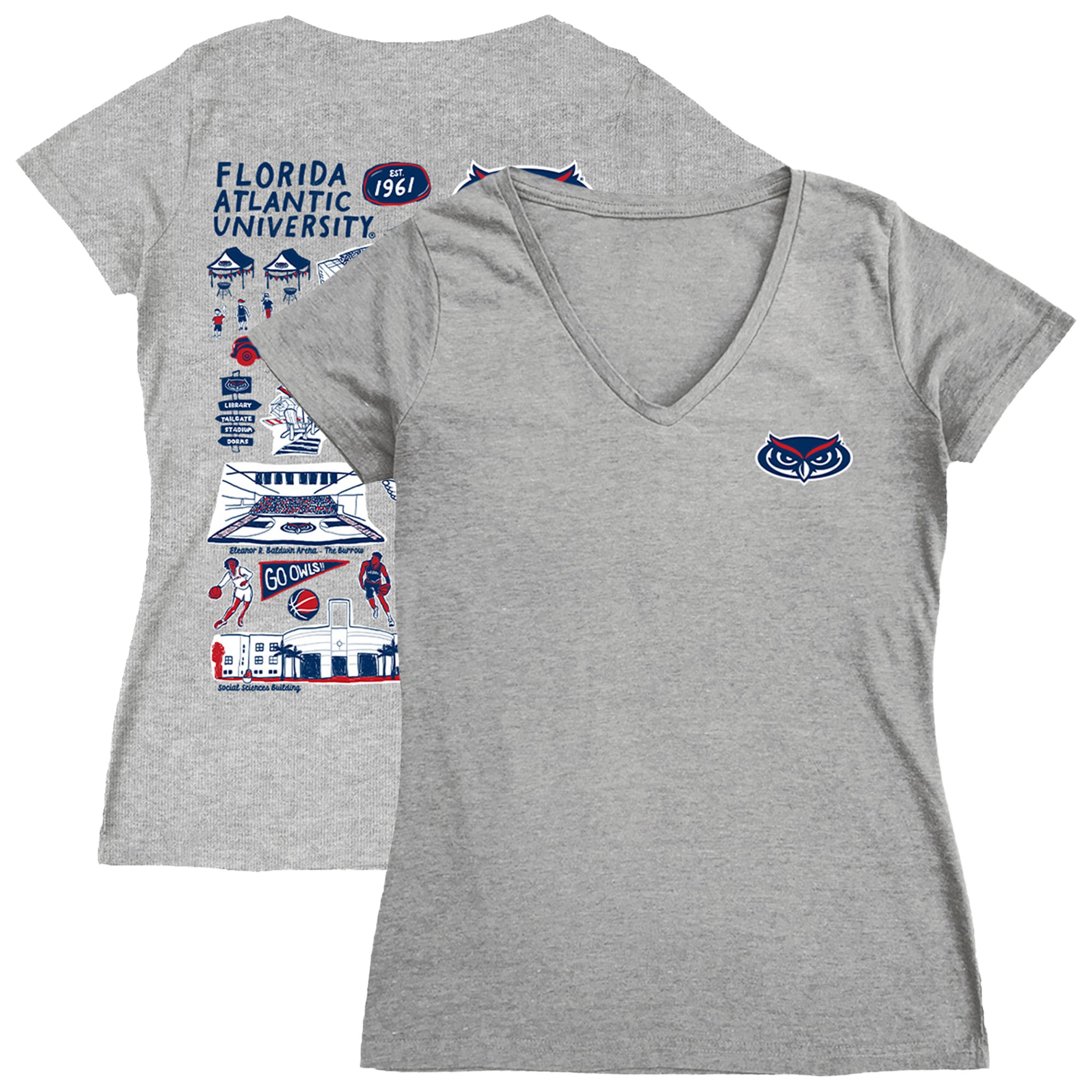 Women's Vive La Fete  Gray Florida Atlantic Owls Impressions Artwork V-Neck T-Shirt