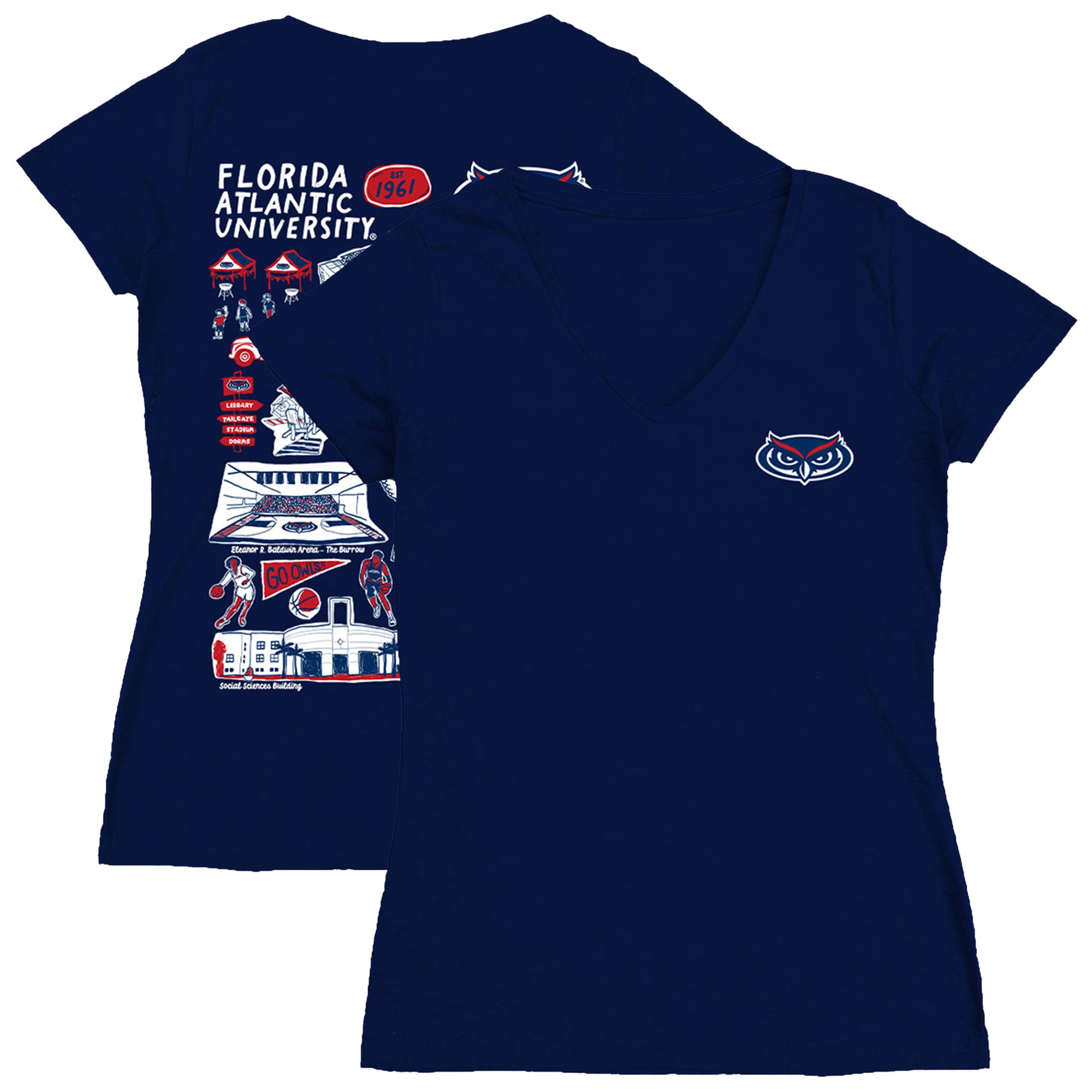 Women's Vive La Fete  Navy Florida Atlantic Owls Impressions Artwork V-Neck T-Shirt