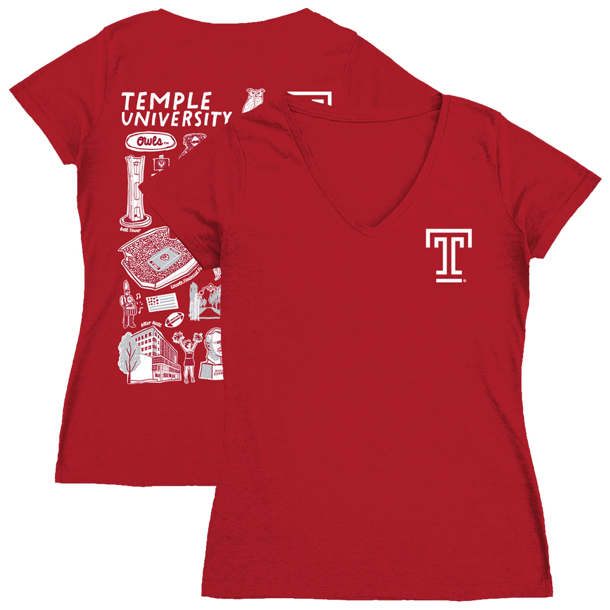 Women's Vive La Fete Red Temple Owls Impressions Artwork V-Neck T-Shirt