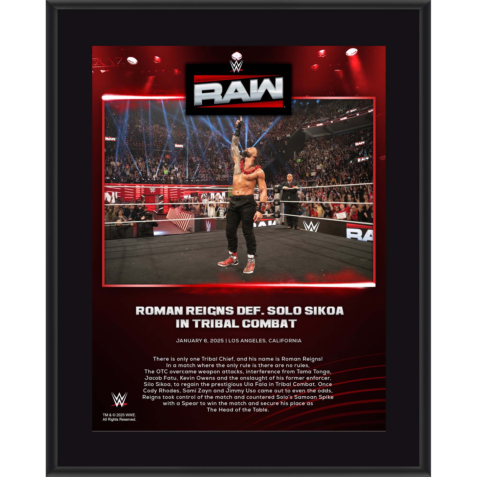 Roman Reigns WWE 10.5″ x 13″ RAW January 6, 2025 Sublimated Plaque Roman Reigns WWE 10.5″ x 13″ RAW January 6, 2025 Sublimated Plaque