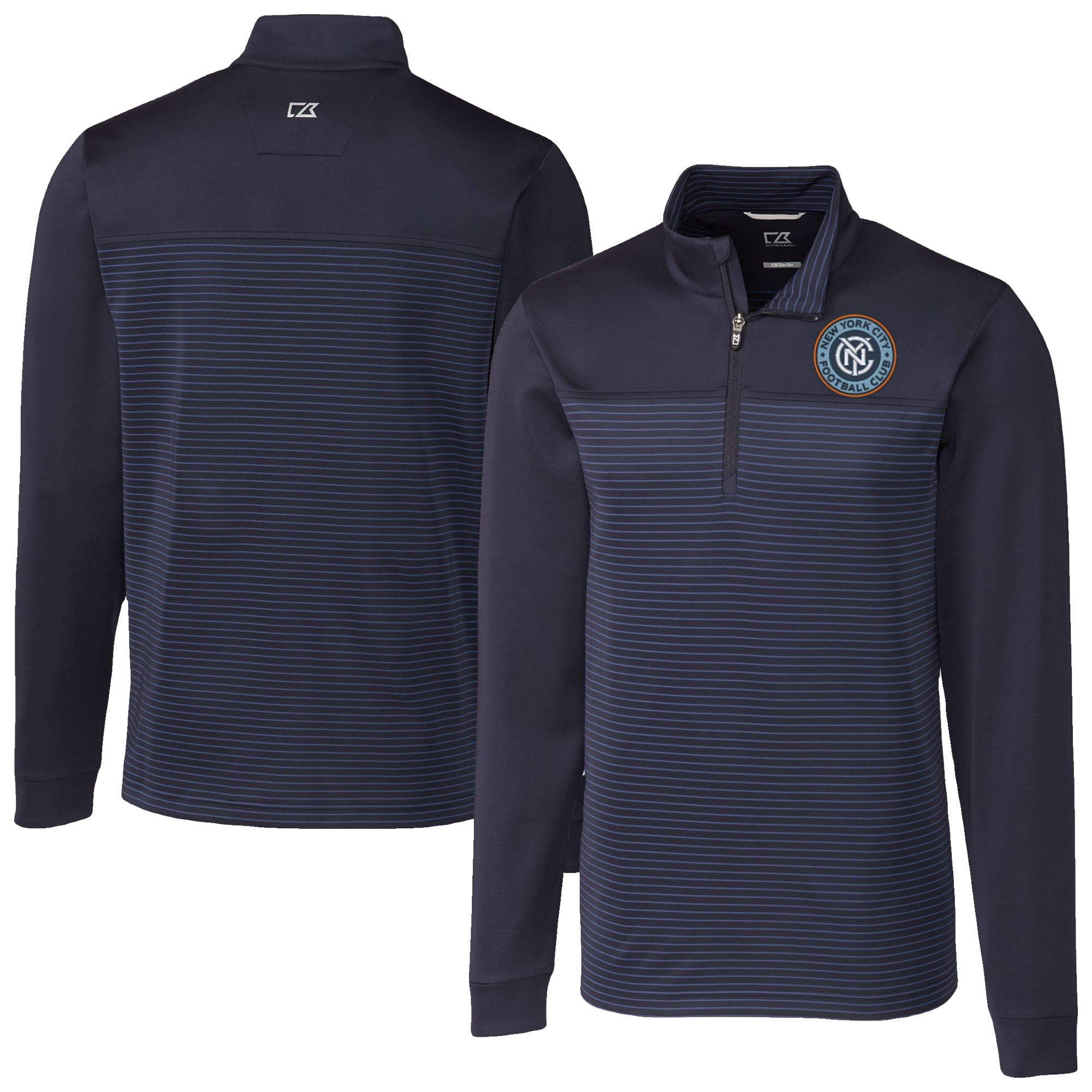 Men's Cutter & Buck Navy New York City FC Big & Tall Traverse Stretch Eco Stripe Quarter-Zip Pullover