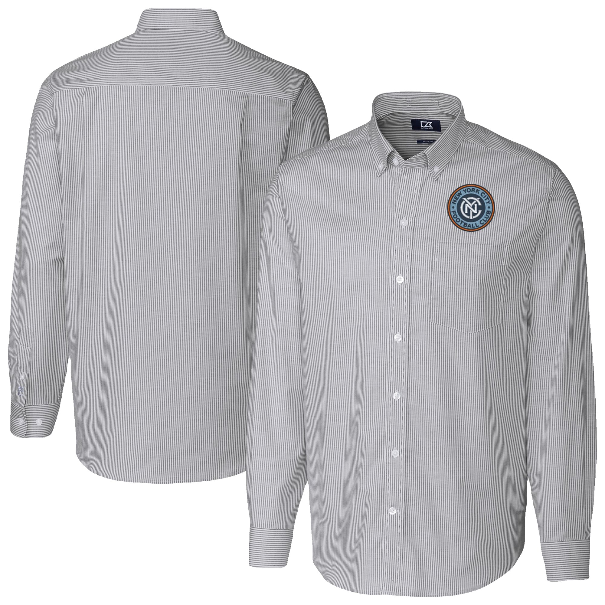 Men's Cutter & Buck Charcoal New York City FC Big & Tall Stretch Oxford Stripe Tri-Blend Long Sleeve Dress Shirt