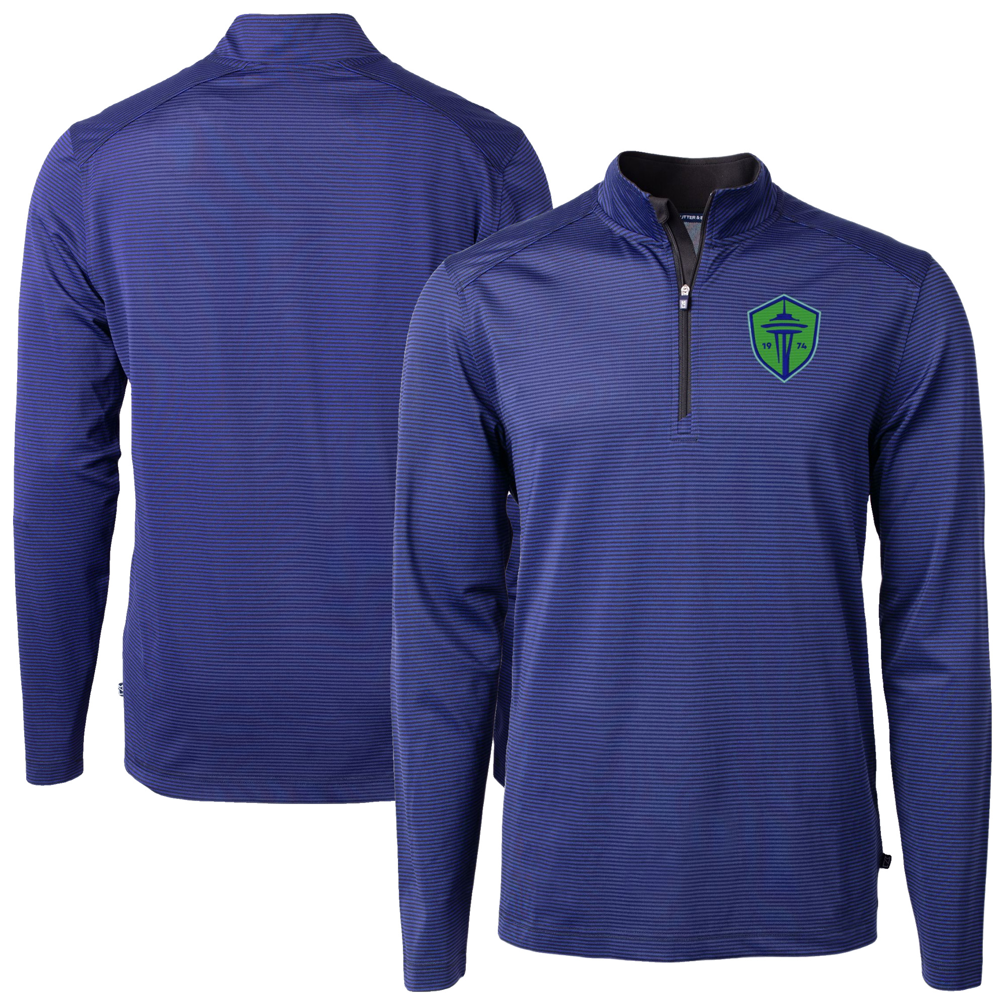 Men’s Cutter & Buck Blue Seattle Sounders FC Big & Tall Virtue Eco Pique Micro Stripe Recycled Quarter-Zip Men’s Cutter & Buck Blue Seattle Sounders FC Big & Tall Virtue Eco Pique Micro Stripe Recycled Quarter-Zip