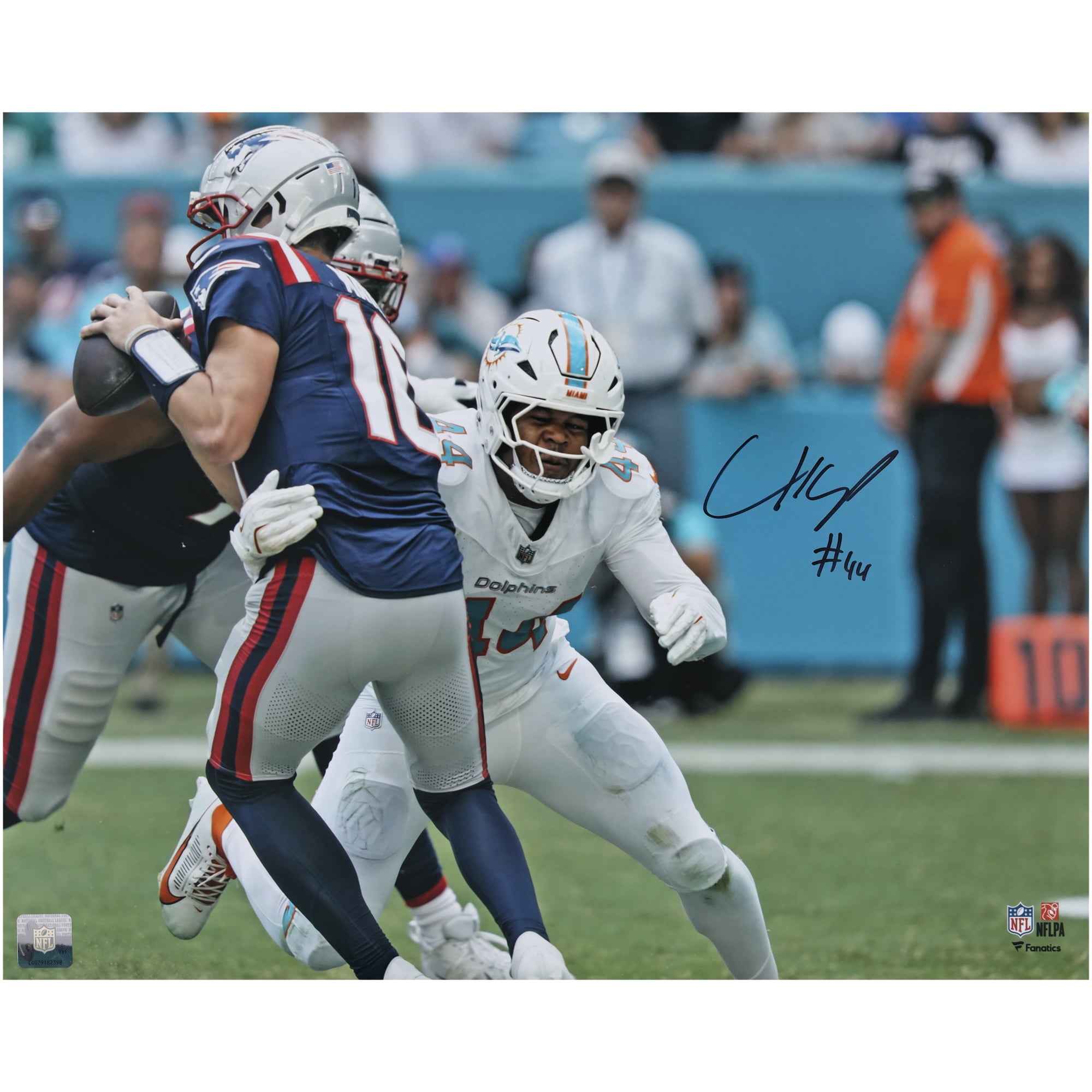 Chop Robinson Miami Dolphins Autographed "16 x 20" Sacking Drake Maye Photograph