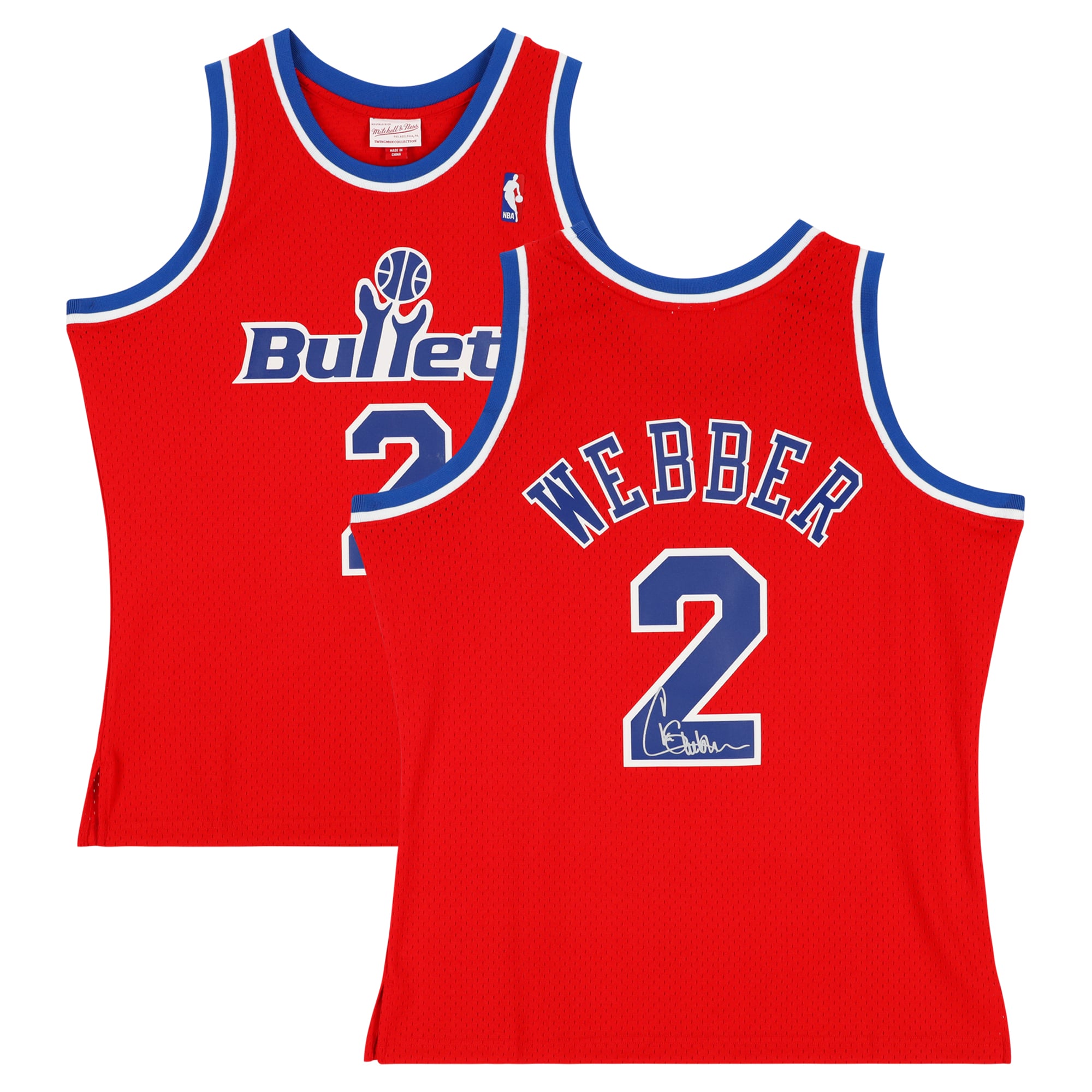 Camiseta roja autografiada de Mitchell & Ness, 1994-95, Swingman, de los Washington Bullets, Chris Webber