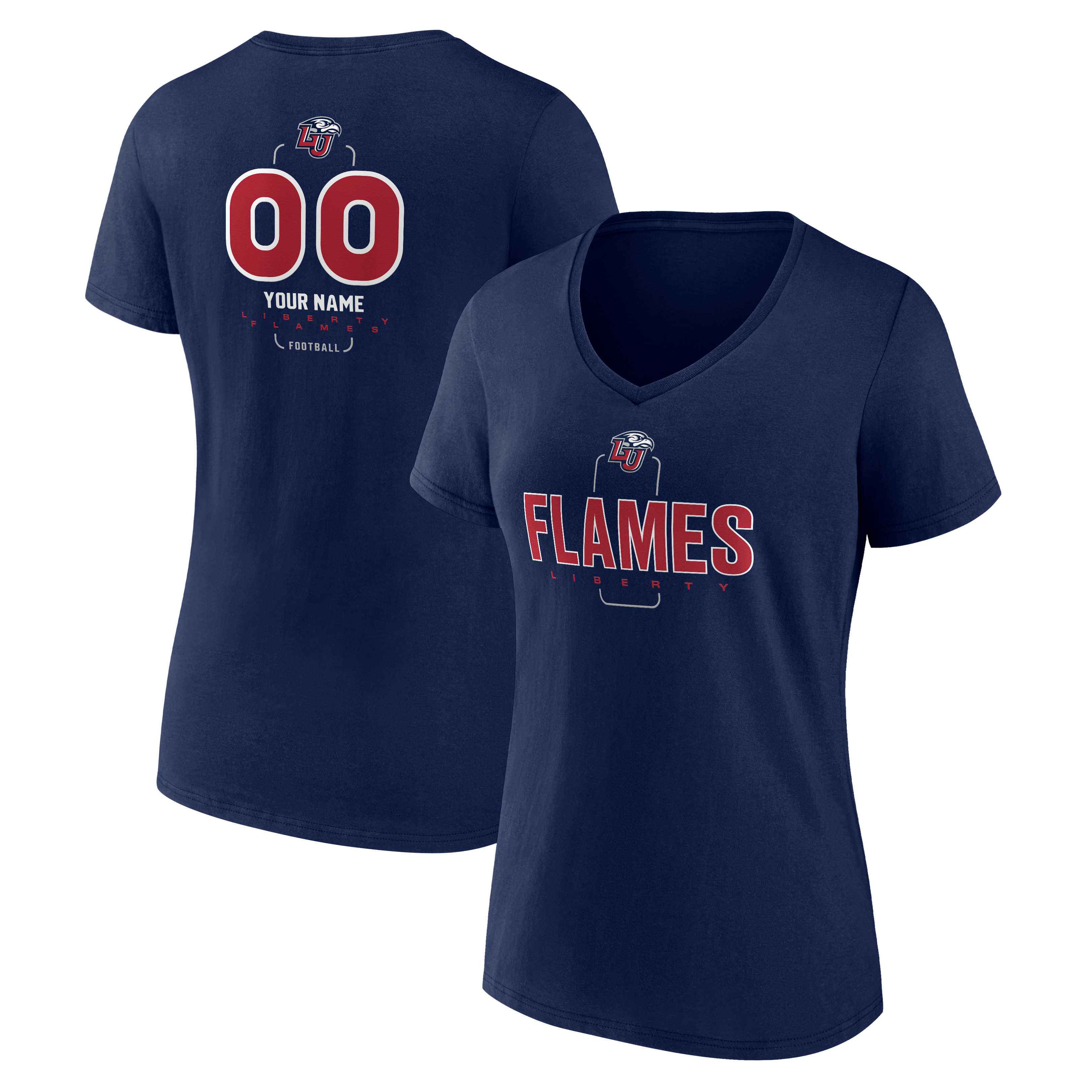 Women's Navy Liberty Flames Personalized Name & Number Midfielder V-Neck T-Shirt
