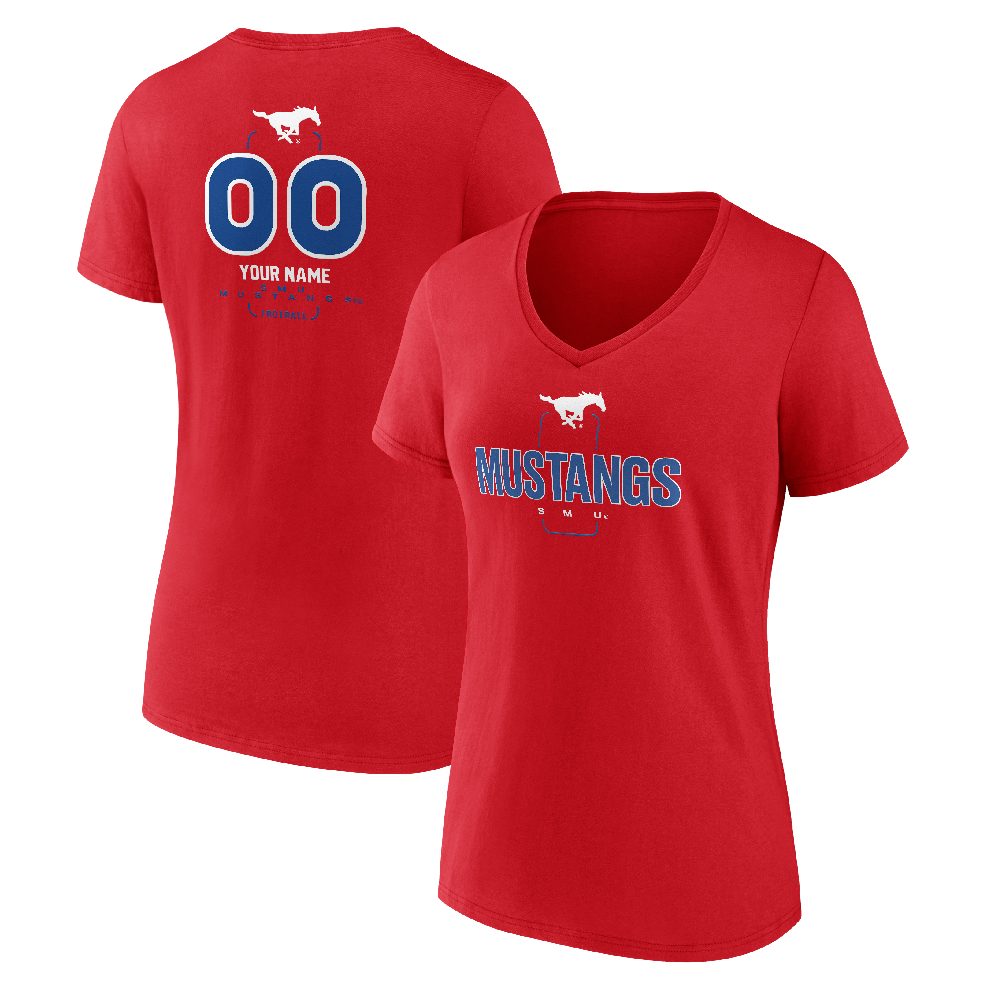 Women's Red SMU Mustangs Personalized Name & Number Midfielder V-Neck T-Shirt