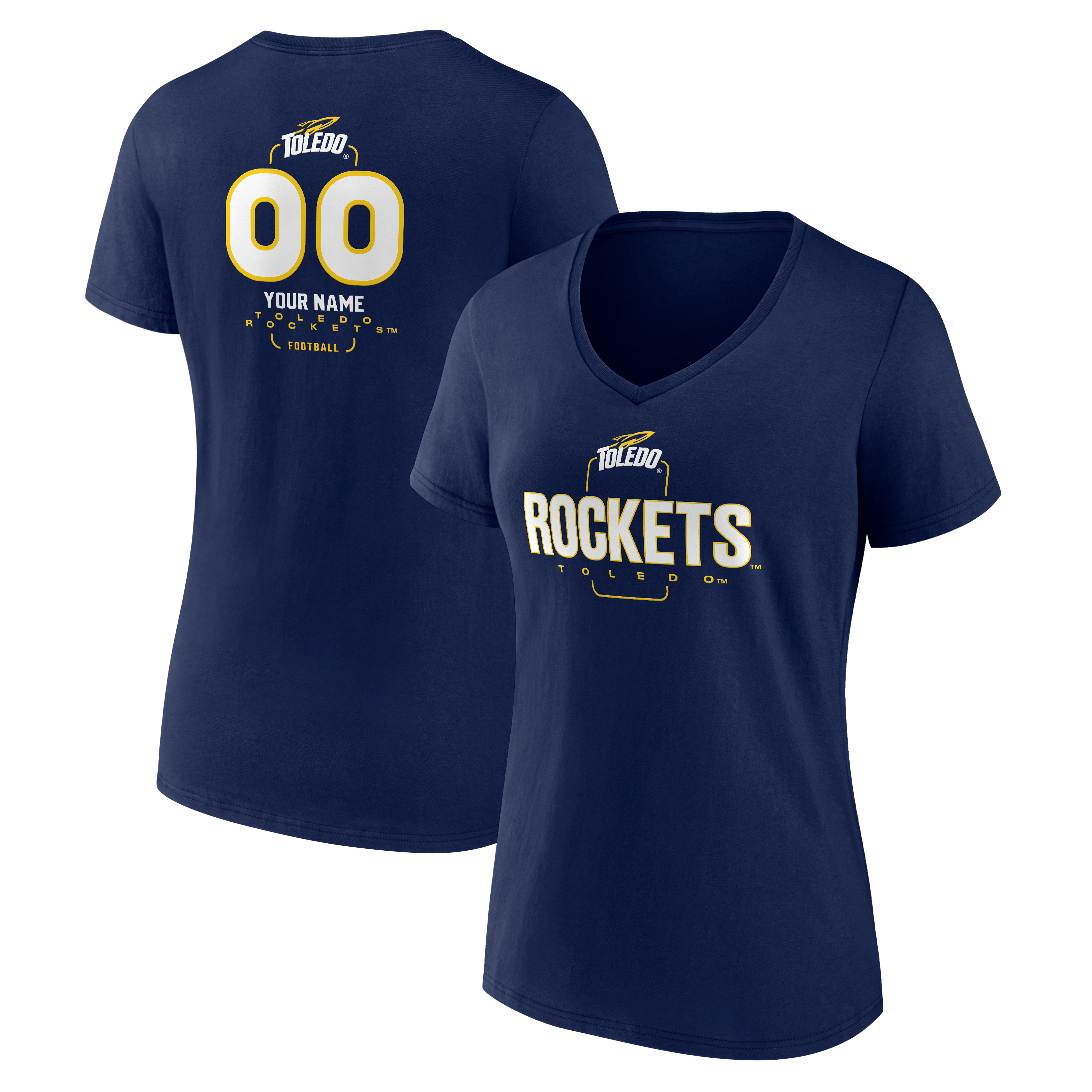 Women's Navy Toledo Rockets Personalized Name & Number Midfielder V-Neck T-Shirt