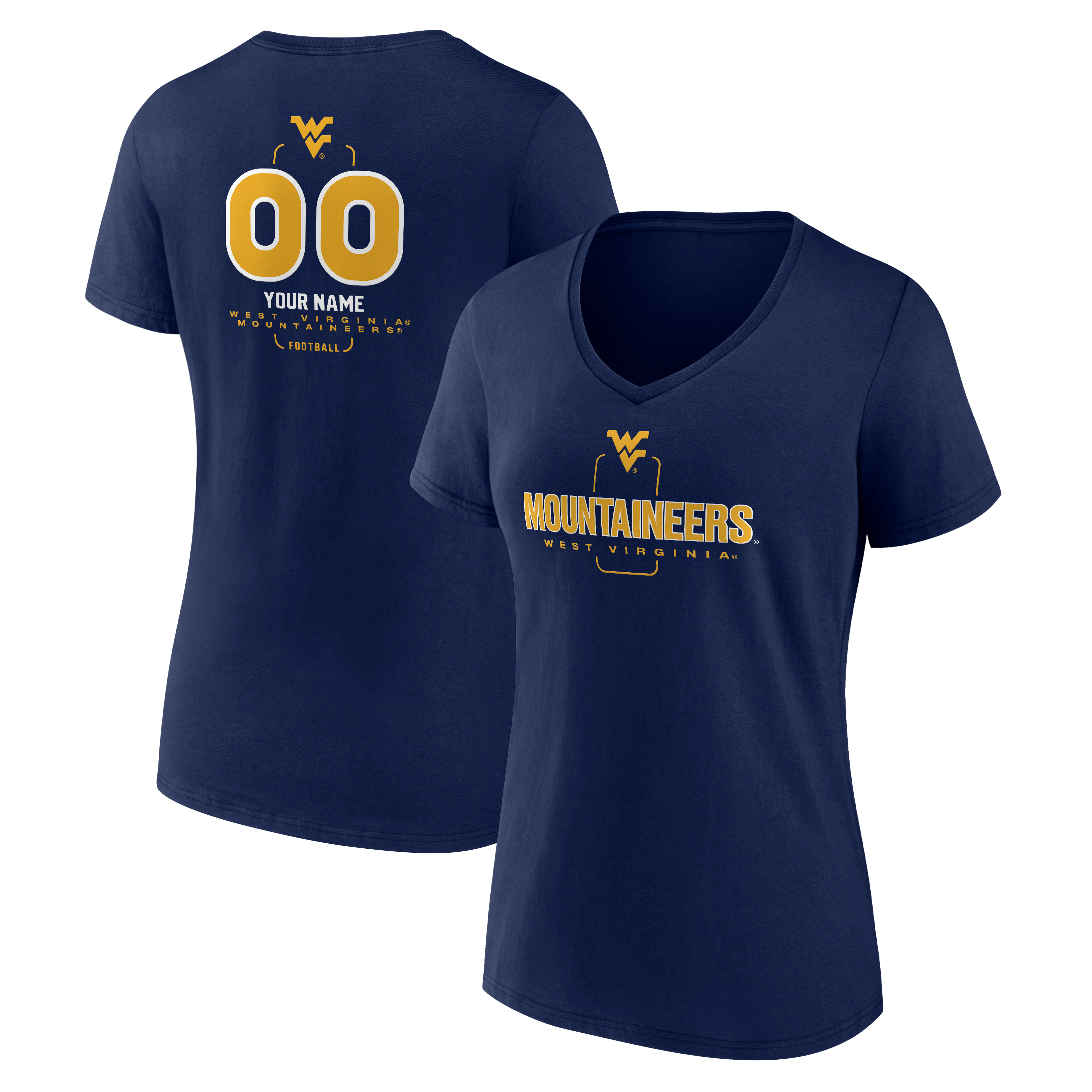 Women's Navy West Virginia Mountaineers Personalized Name & Number Midfielder V-Neck T-Shirt