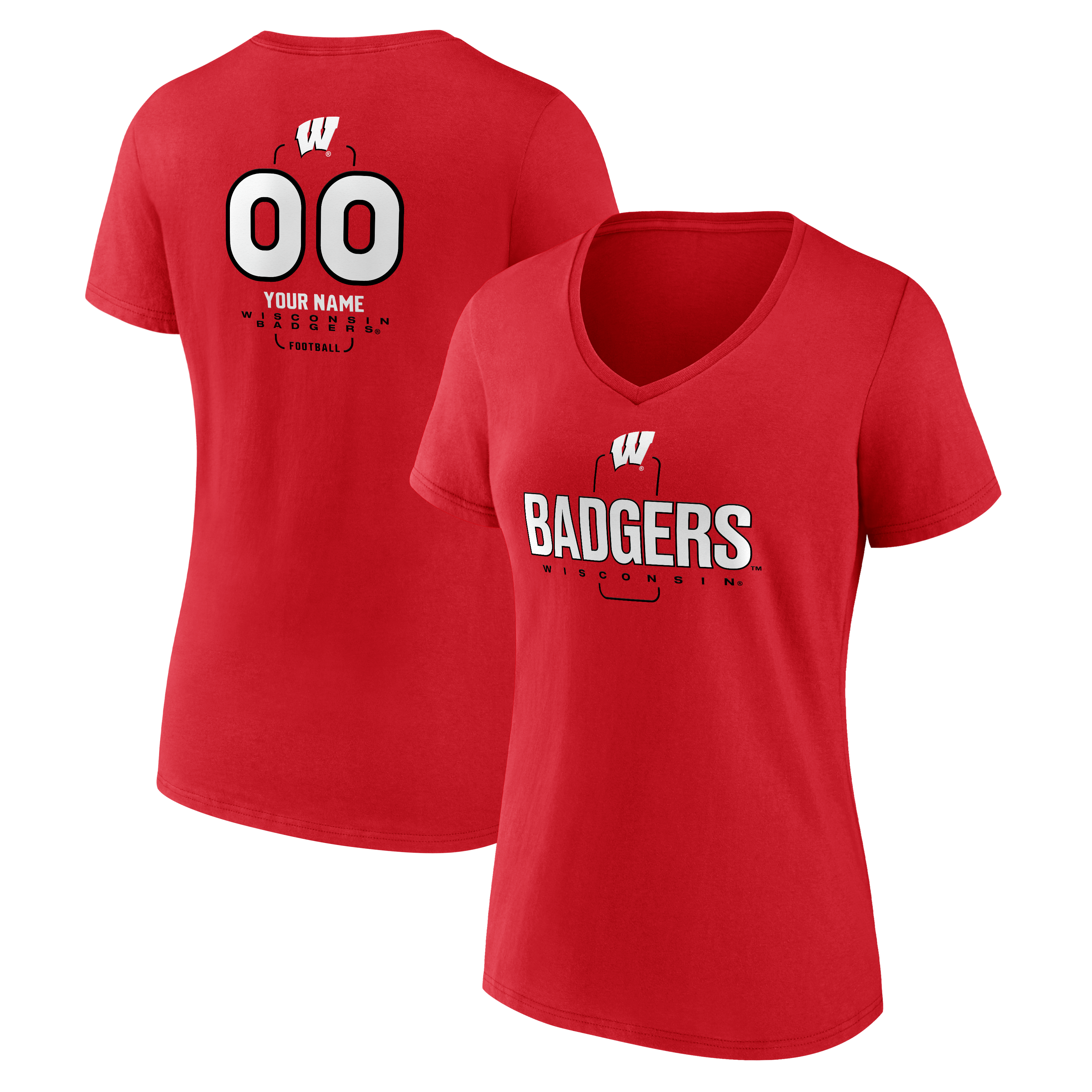 Women's Red Wisconsin Badgers Personalized Name & Number Midfielder V-Neck T-Shirt