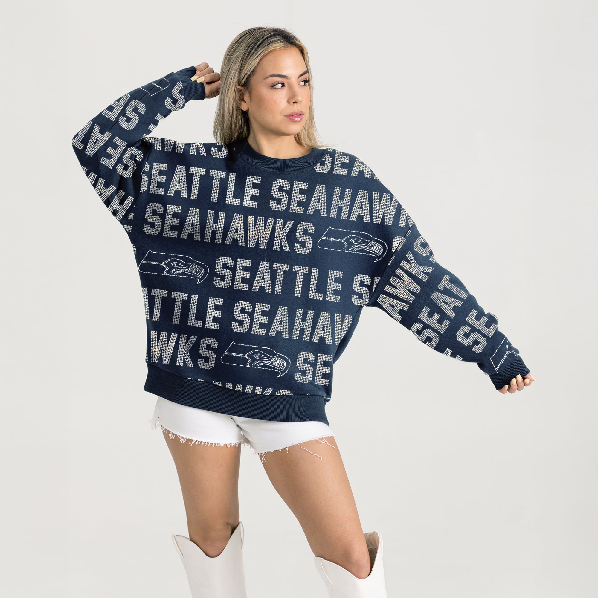 Women's Gameday Couture College Navy Seattle Seahawks Oversized Hype Era Rhinestone Text Sweatshirt
