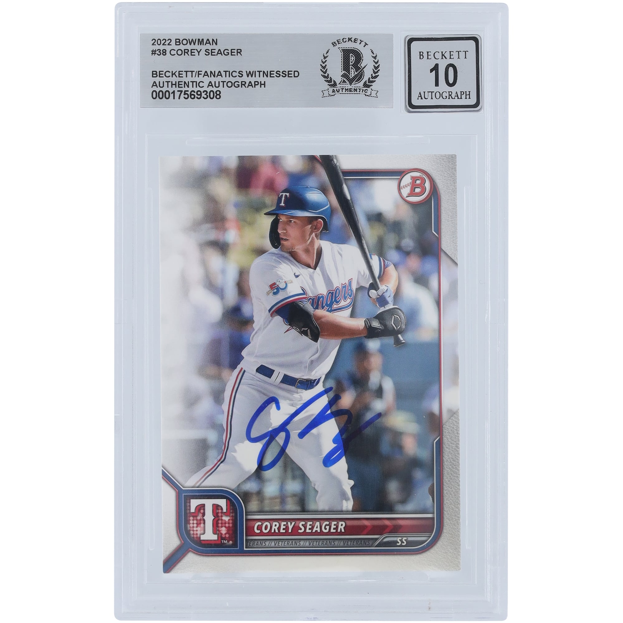 Corey Seager Texas Rangers Autographed 2022 Bowman #38 Beckett Fanatics Witnessed Authenticated 10 Card Corey Seager Texas Rangers Autographed 2022 Bowman #38 Beckett Fanatics Witnessed Authenticated 10 Card