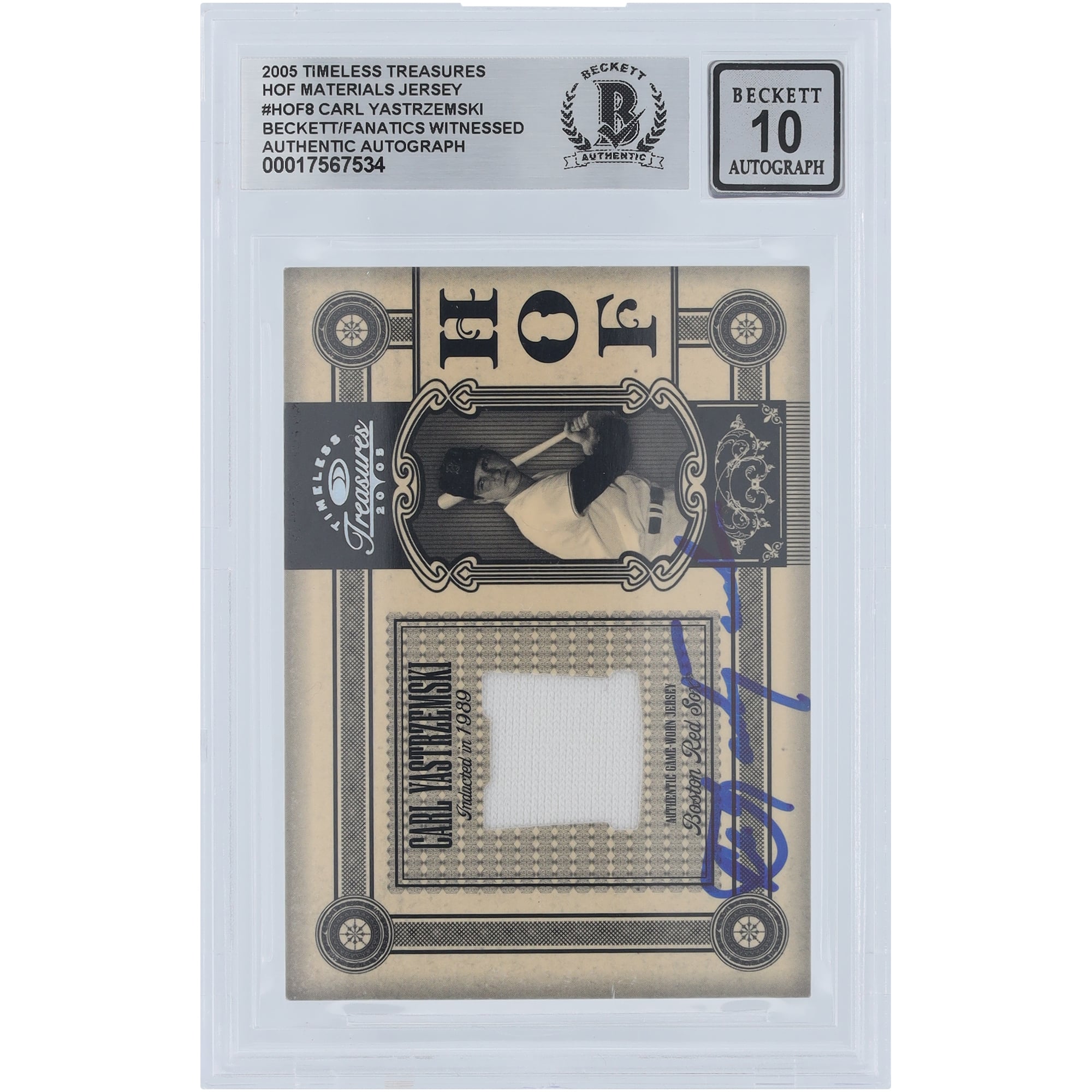 Carl Yastrzemski Boston Red Sox Autographed 2005 Donruss Timeless Treasures HOF Materials Jersey Relic #HOF-8 #/100 Beckett Fanatics Witnessed Authenticated 10 Card