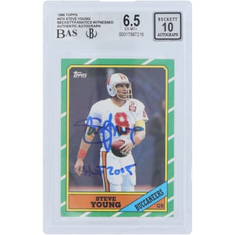Steve Young Tampa Bay Buccaneers Autographed 1986 Topps #374 Beckett Fanatics Witnessed Authenticated /10 Rookie Card with "HOF 2005" Inscription