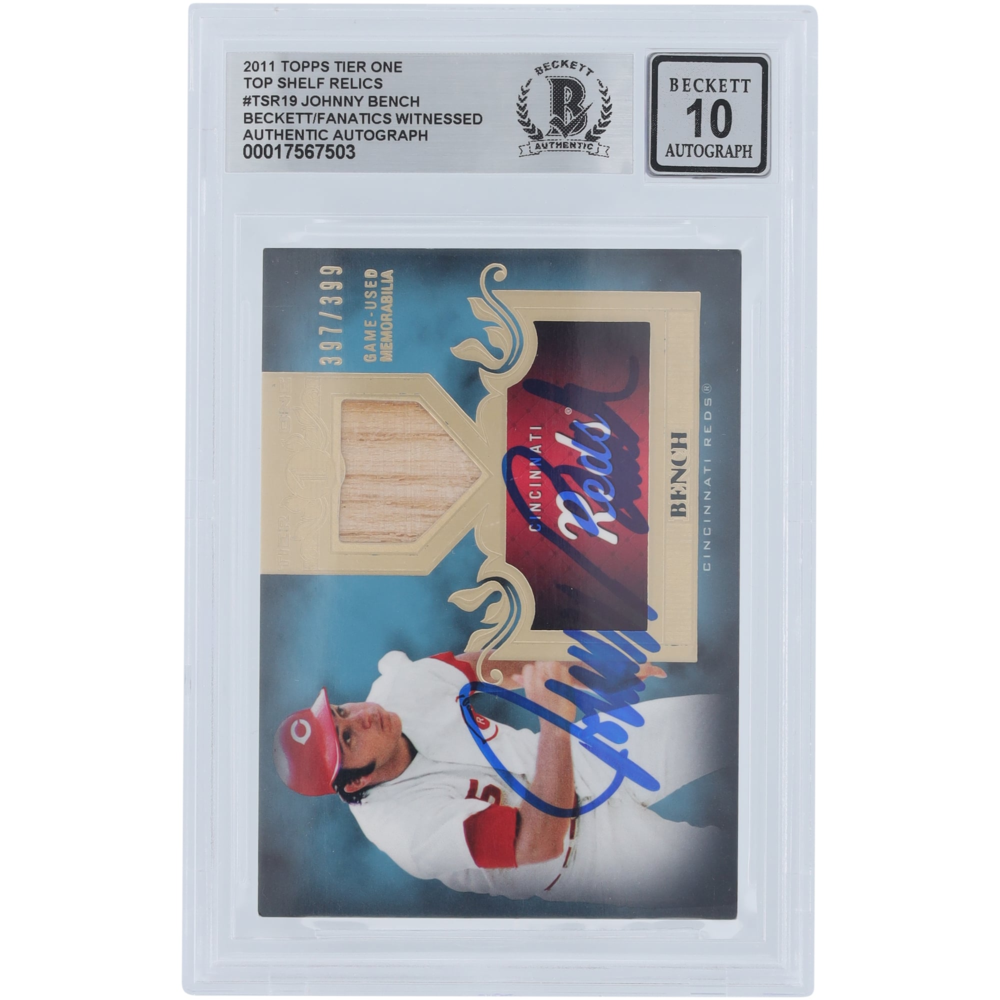 Johnny Bench Cincinnati Reds Autographed 2011 Topps Tier One Top Shelf Bat Relic #TSR19 #/399 Beckett Fanatics Witnessed Authenticated 10 Card. rookie card picture