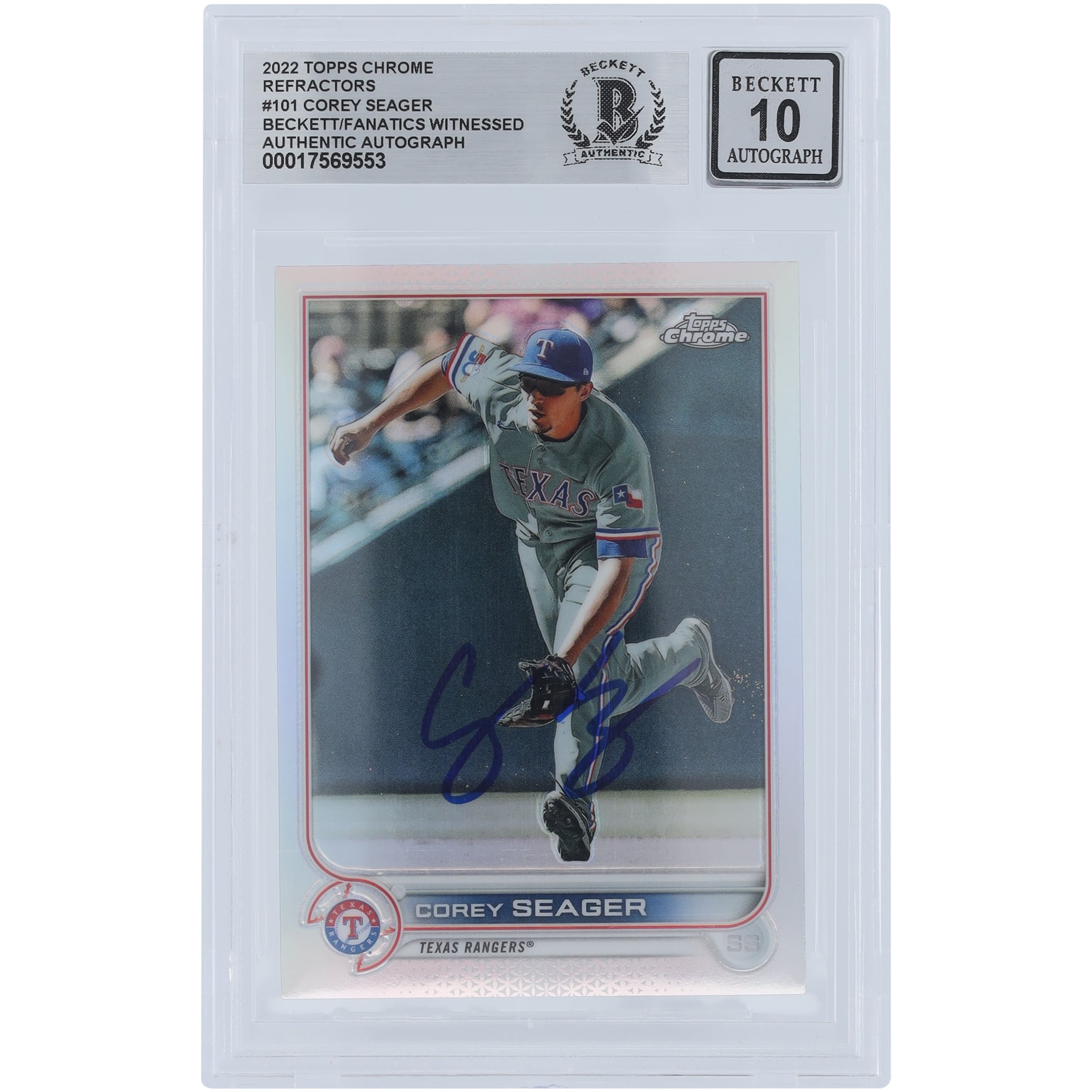 Corey Seager Texas Rangers Autographed 2022 Topps Chrome Refractor #101 Beckett Fanatics Witnessed Authenticated 10 Card. rookie card picture