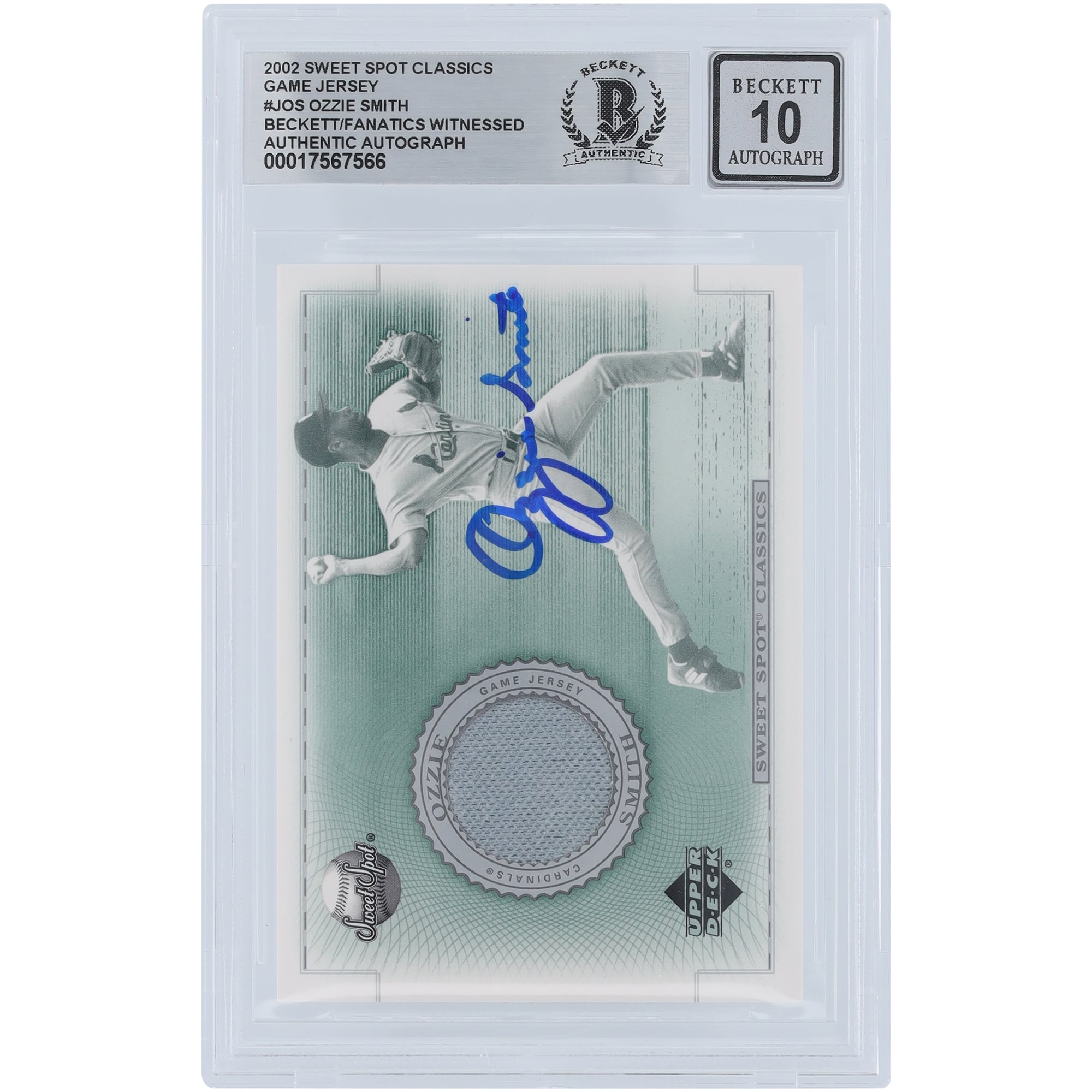 Ozzie Smith St. Louis Cardinals Autographed 2002 Upper Deck Sweet Spot Classic Game Jersey Relic #J-OS Beckett Fanatics Witnessed Authenticated 10 Card. rookie card picture
