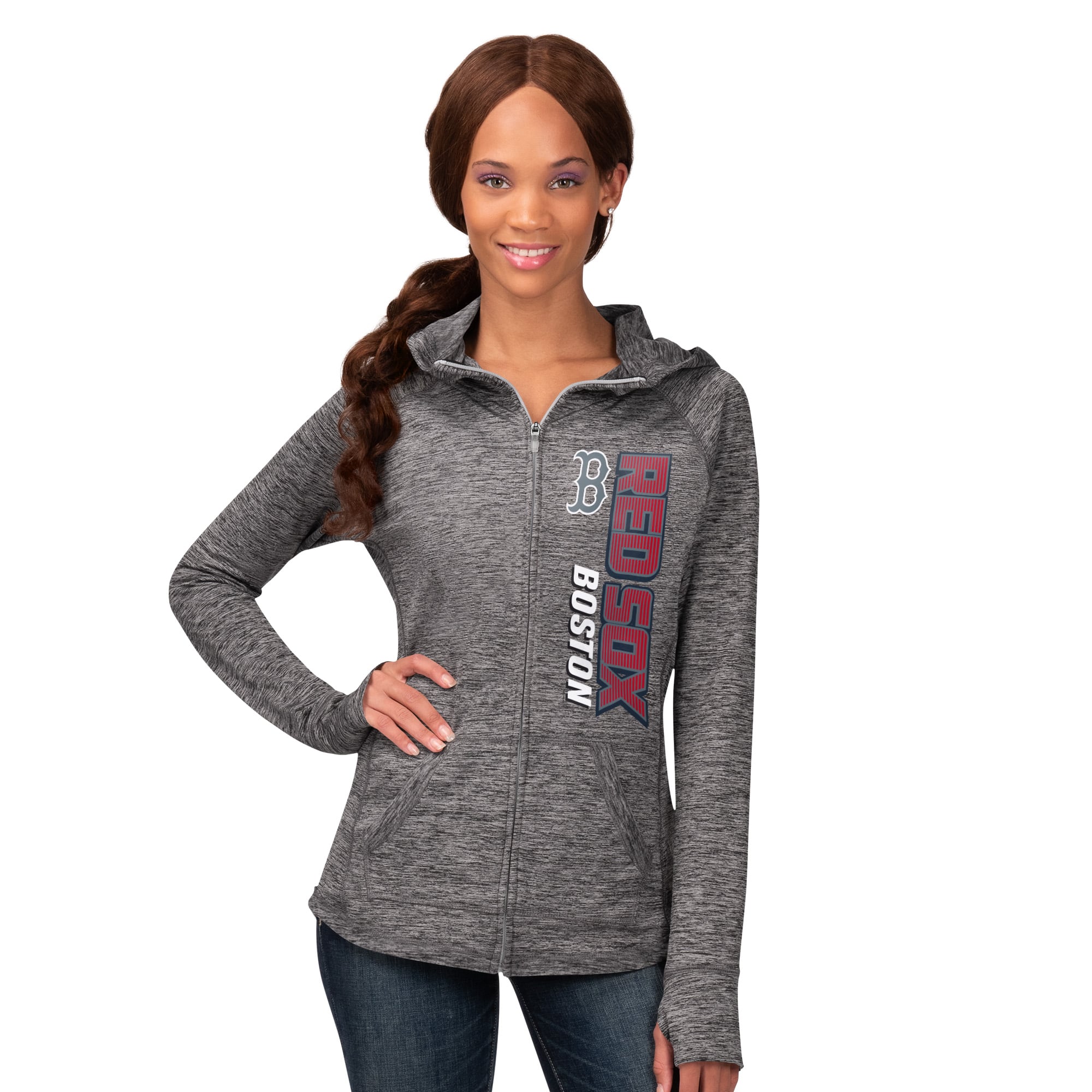 Women's G-III 4Her by Carl Banks Heather Gray Boston Red Sox Defender Space Dye Raglan Full-Zip Hoodie