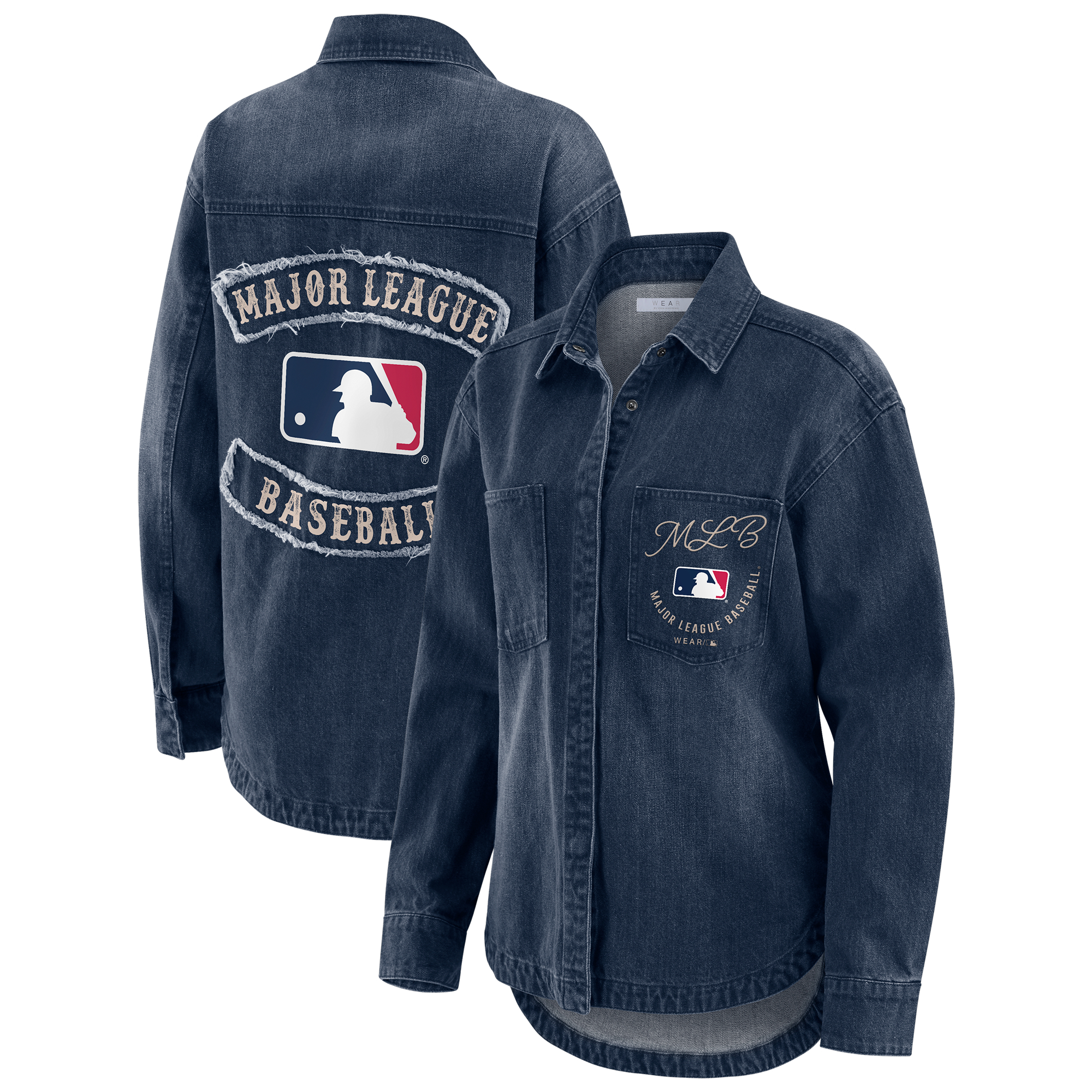 Women’s WEAR by Erin Andrews Denim MLB Washed Oversized Denim Full-Snap Shacket Women’s WEAR by Erin Andrews Denim MLB Washed Oversized Denim Full-Snap Shacket
