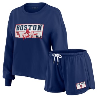 Women's WEAR by Erin Andrews Navy Boston Red Sox Heavy Rugby Jersey Cropped Long Sleeve T-Shirt & Shorts Lounge Set