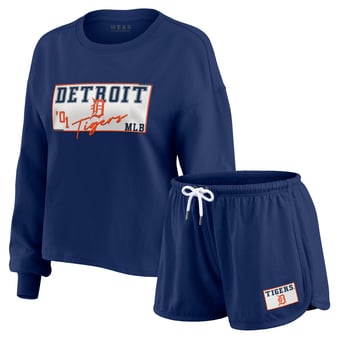 Women's WEAR by Erin Andrews Navy Detroit Tigers Heavy Rugby Jersey Cropped Long Sleeve T-Shirt & Shorts Lounge Set
