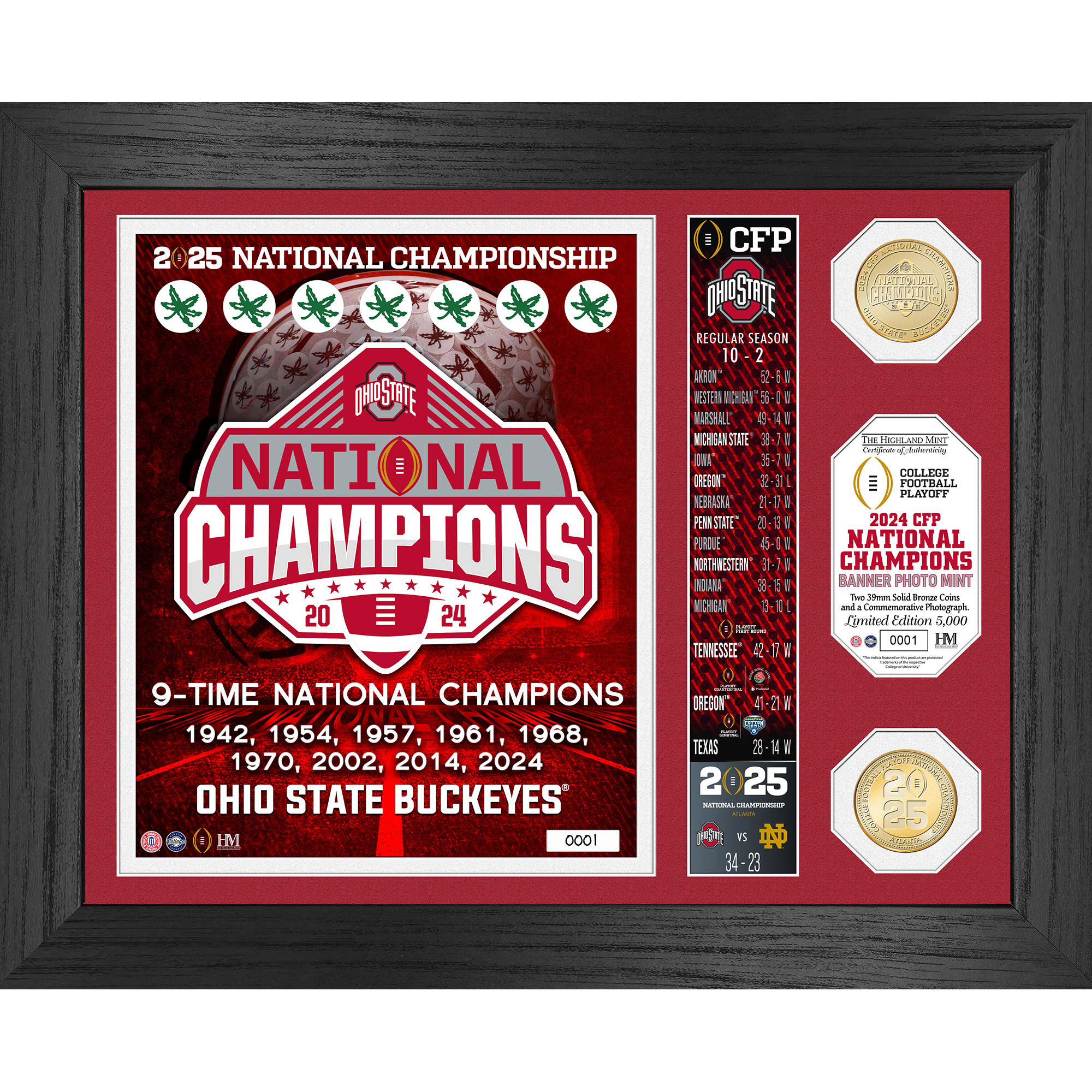 Highland Mint Ohio State Buckeyes Nine-Time Football National Champions 13" x 16" Banner Bronze Coin Photo Mint