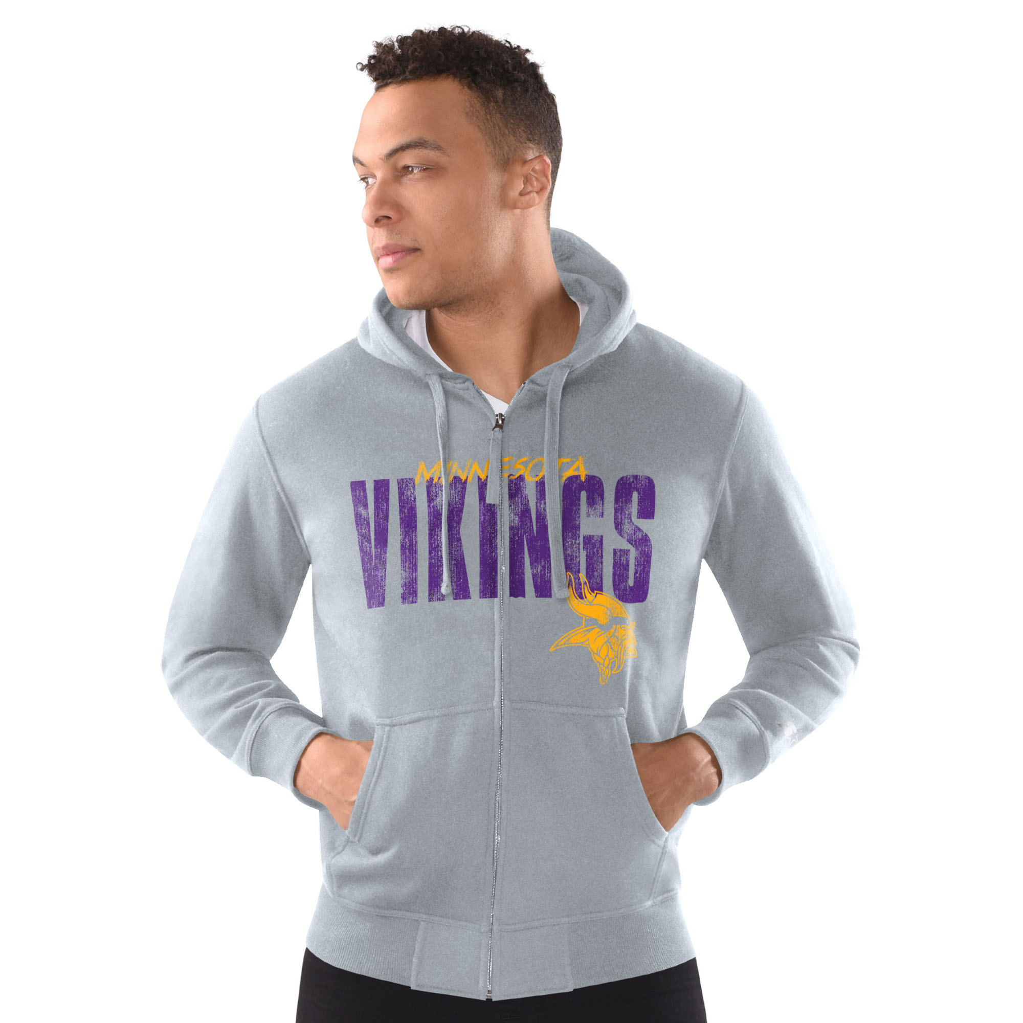 Men's Starter Heather Gray Minnesota Vikings Distressed Classic Full-Zip Hoodie