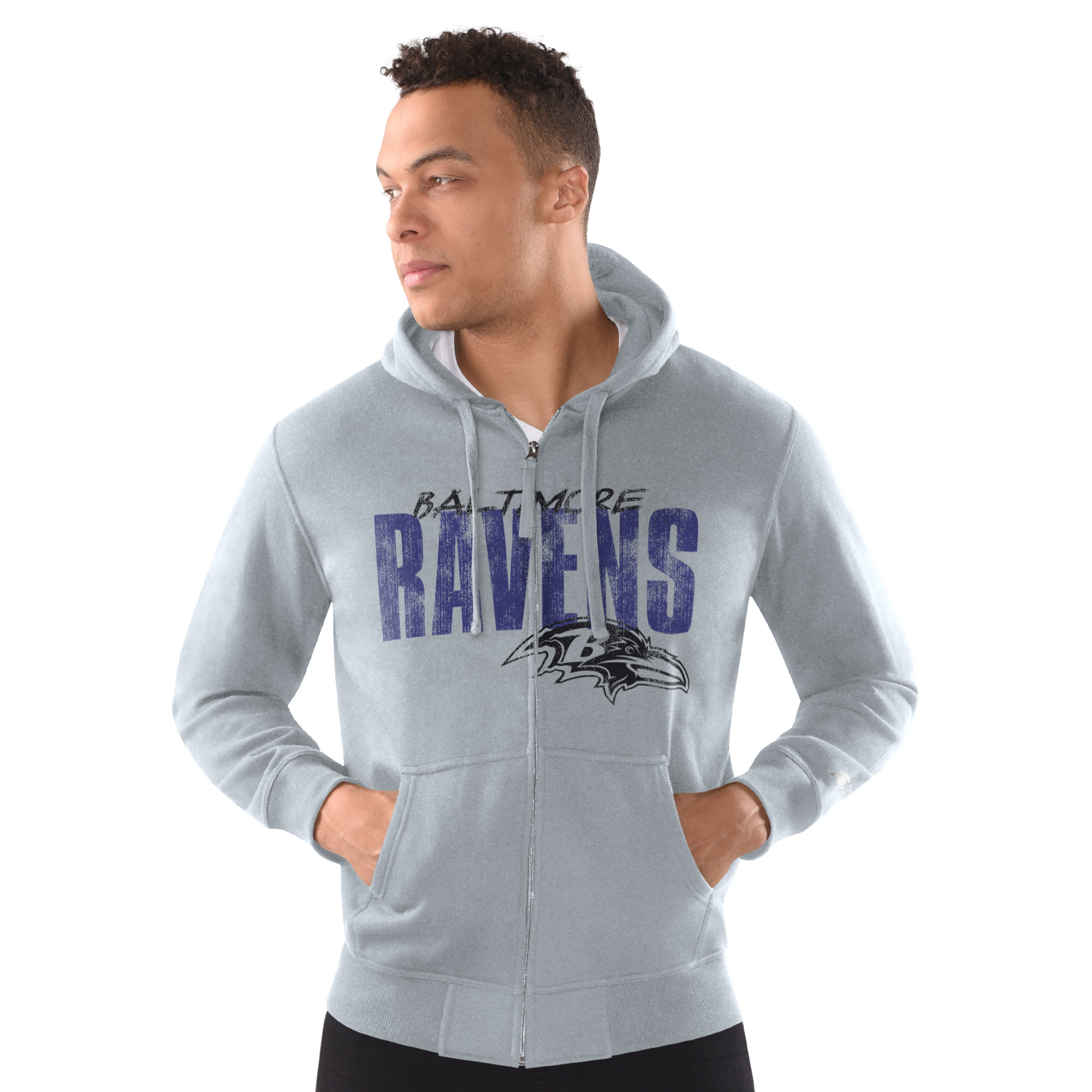 Men's Starter Heather Gray Baltimore Ravens Distressed Classic Full-Zip Hoodie