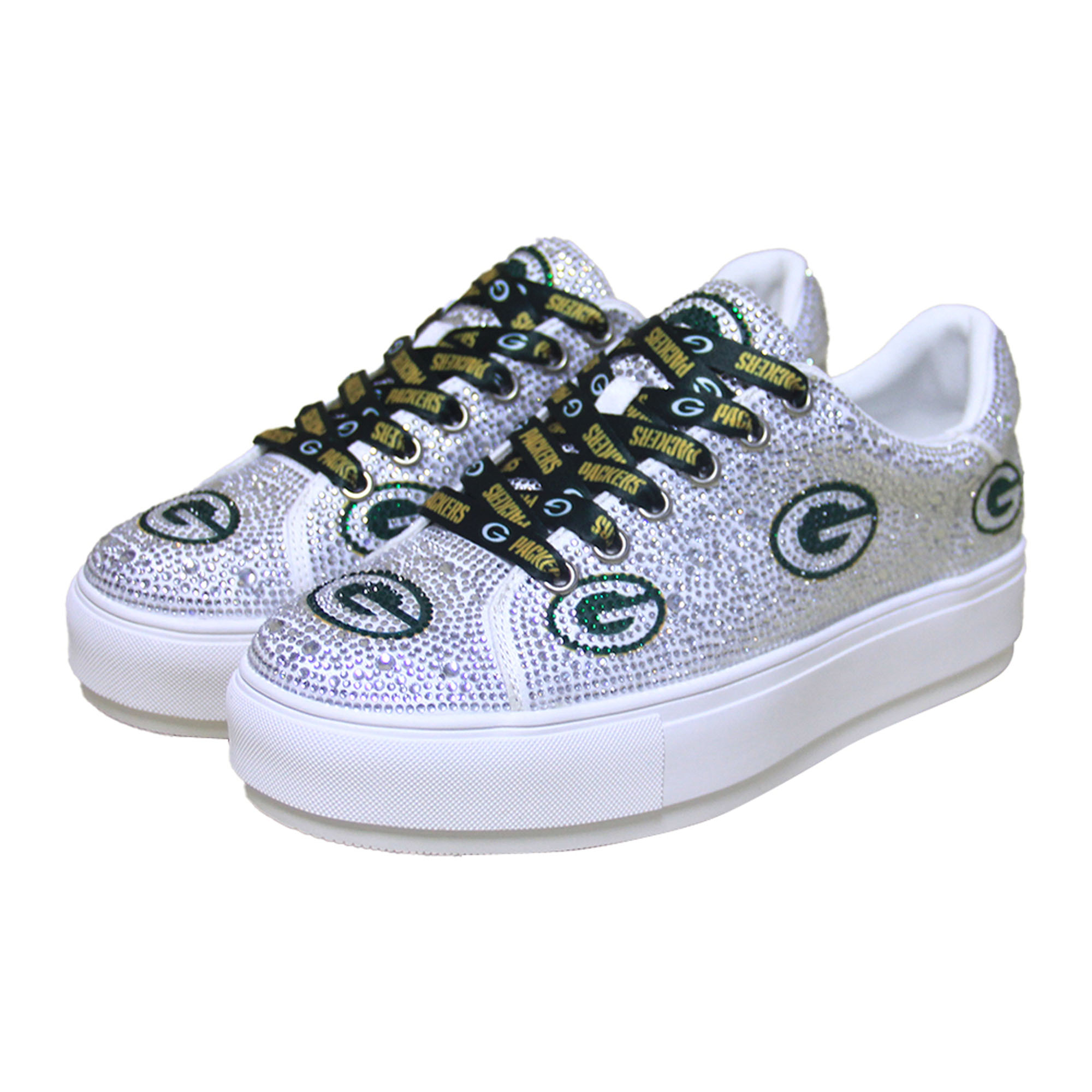 Women's FABGATING by Cuce  White Green Bay Packers Crystal Team Logo Sneakers