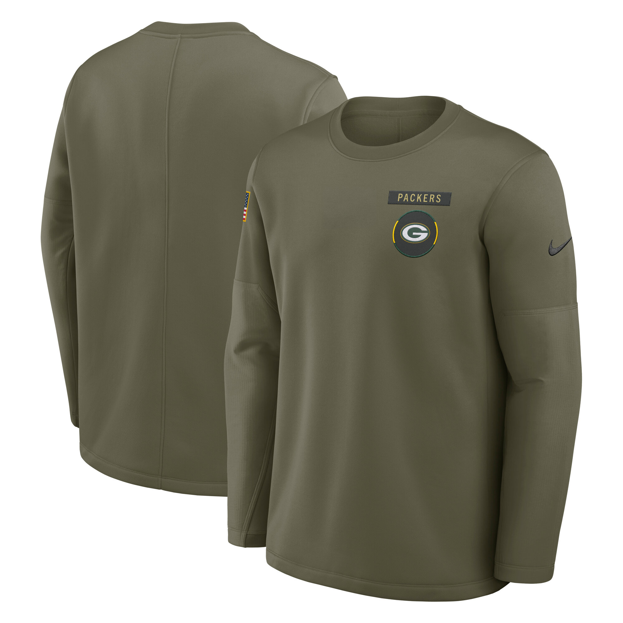 Men's Nike Olive Green Bay Packers 2025 Salute to Service Sideline Coaches Therma-FIT Long Sleeve Shirt